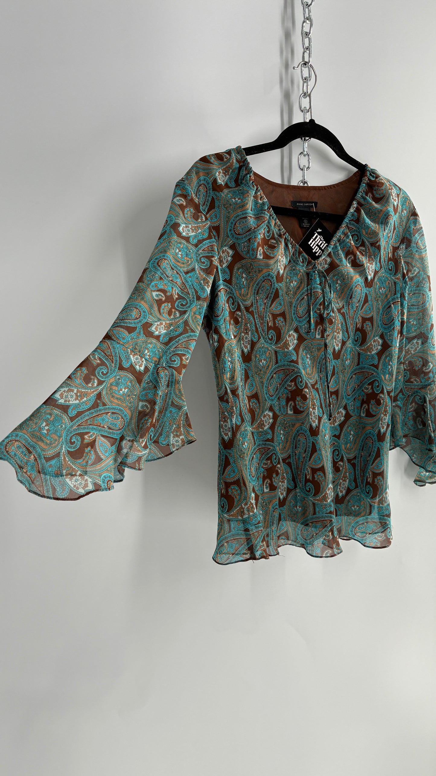 Vintage ANNE CARSON 100% Silk Brown and Turquoise Quarter Bell Sleeve Blouse (Small)