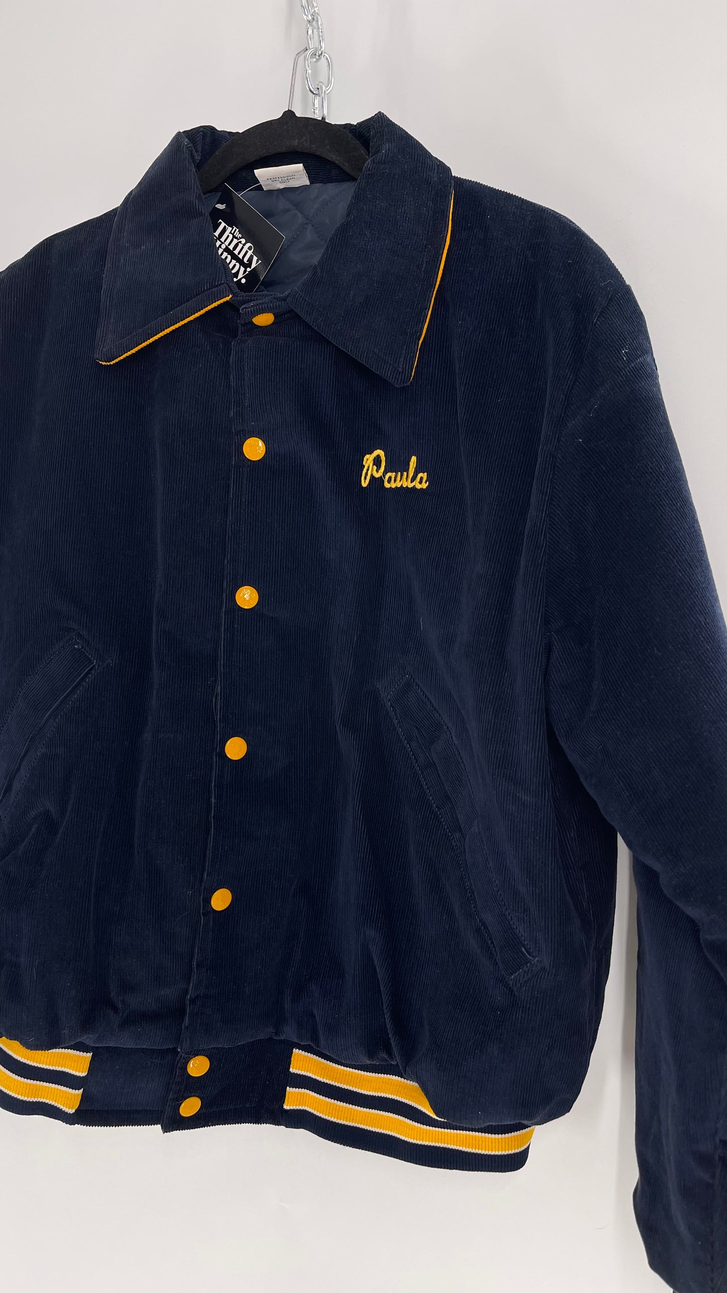 Birdie Vintage Phi Sigma Sigma Navy Blue Corduroy Varsity/Sorority Jacket with Contrast Yellow Patches and Embroidered “Paula” Monogram (Large)