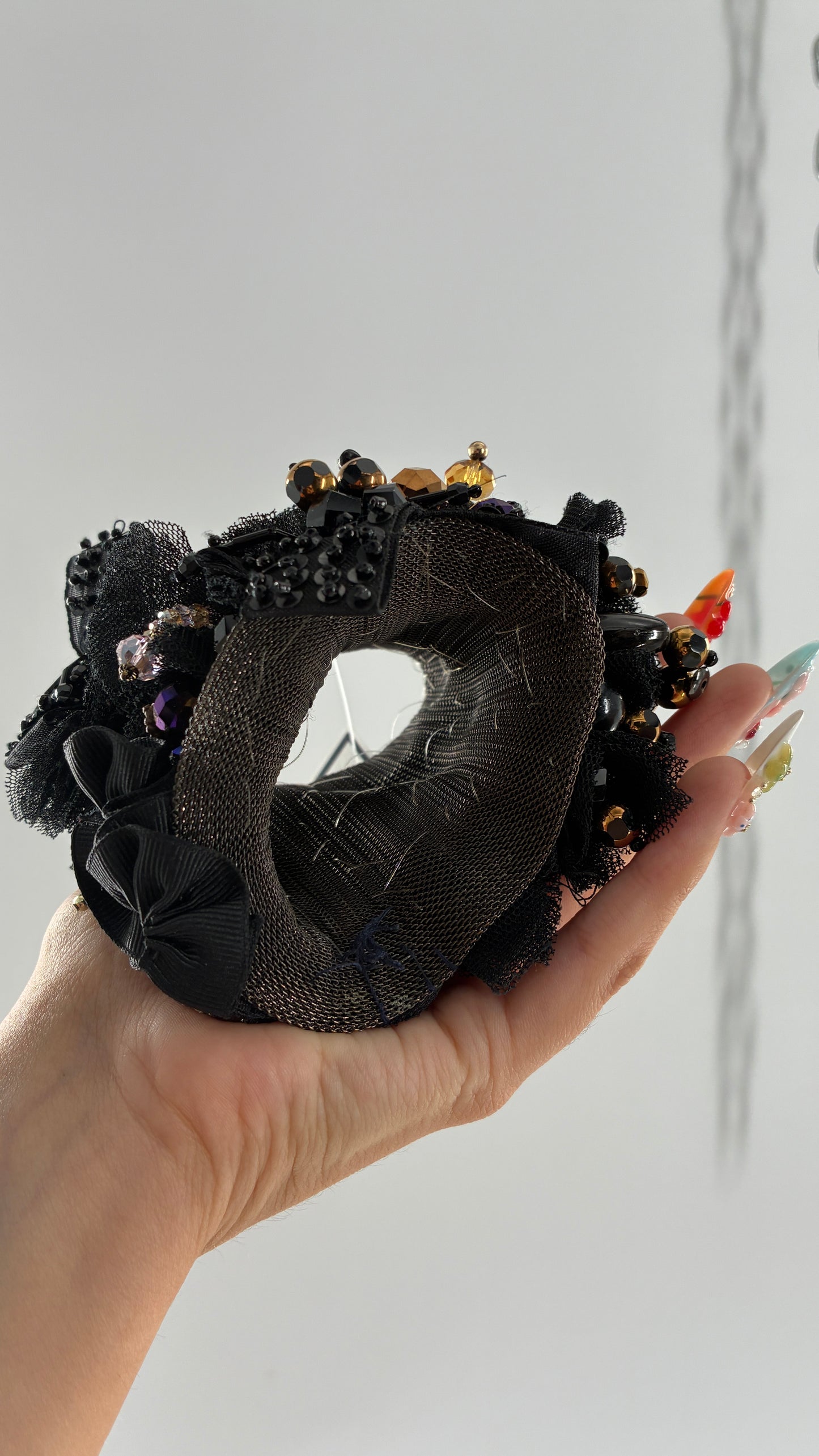 Vintage Black Tulle Jeweled Maximalist Statement Cuff Bracelet