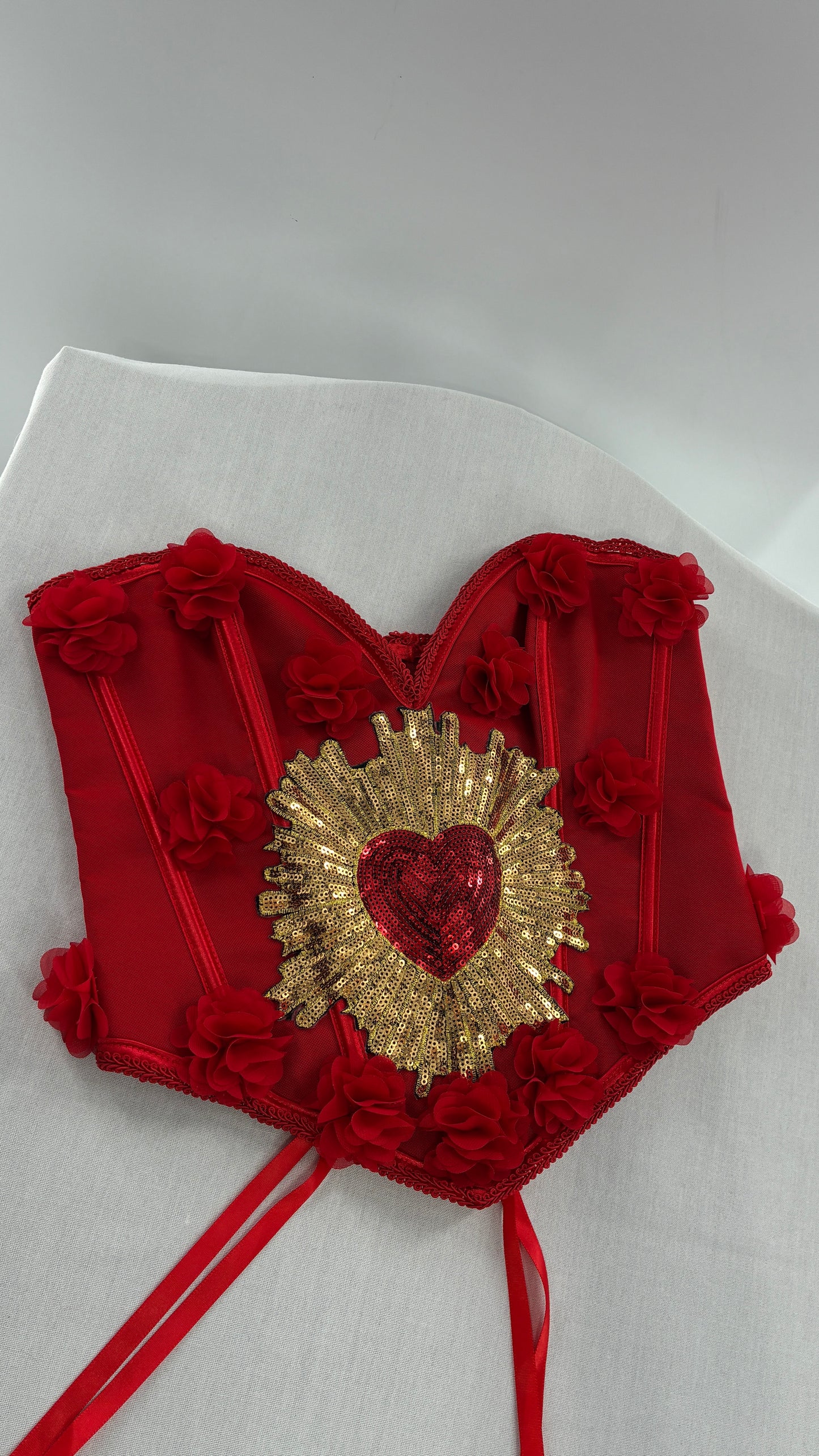 Red Handmade Corset with Rosette Appliqués and Sequin Heart Design (Small)