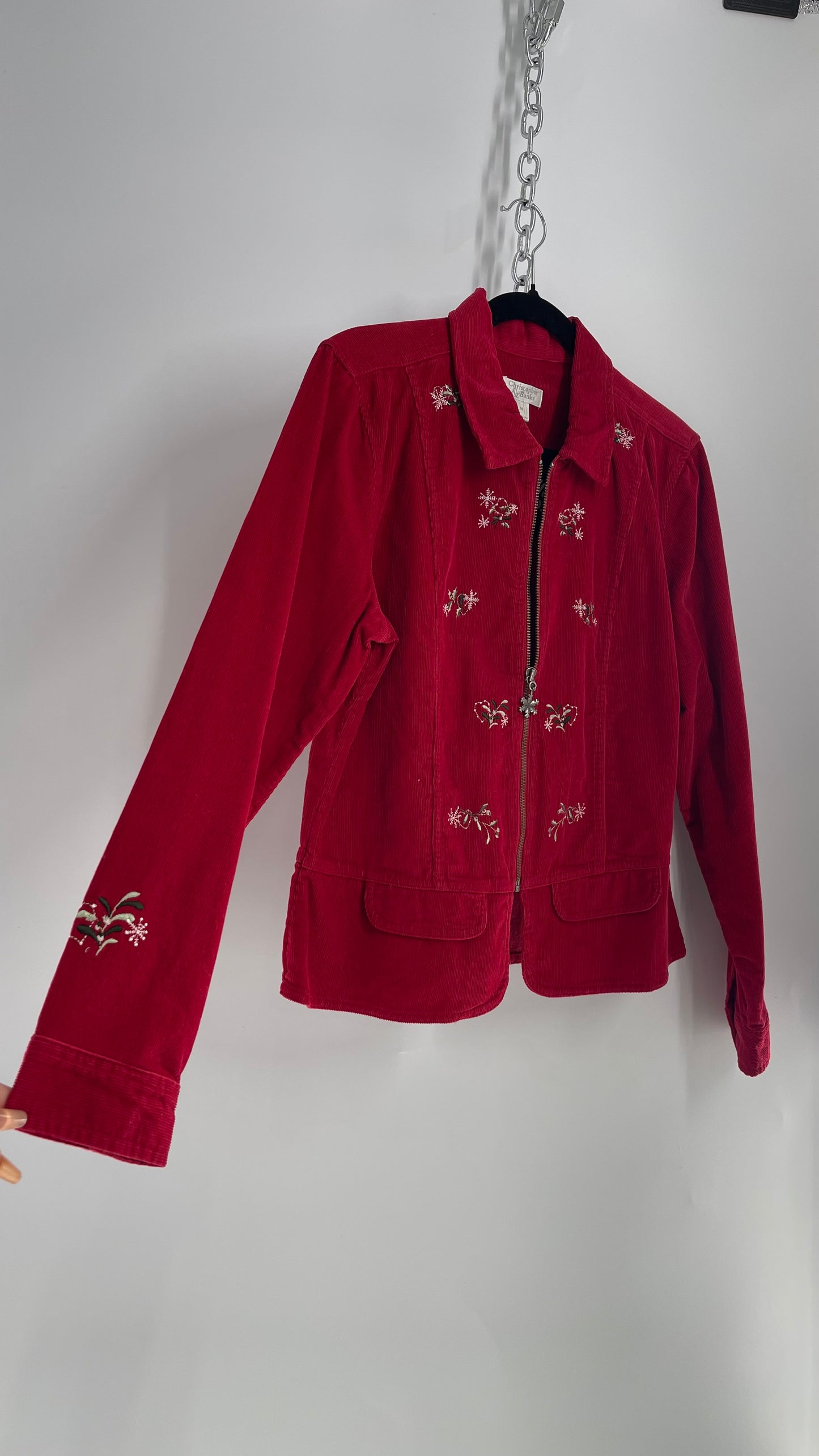 Vintage 1990s Red Corduroy Zip Front Holiday Jacket with Embroidery and Tags Attached (Medium)