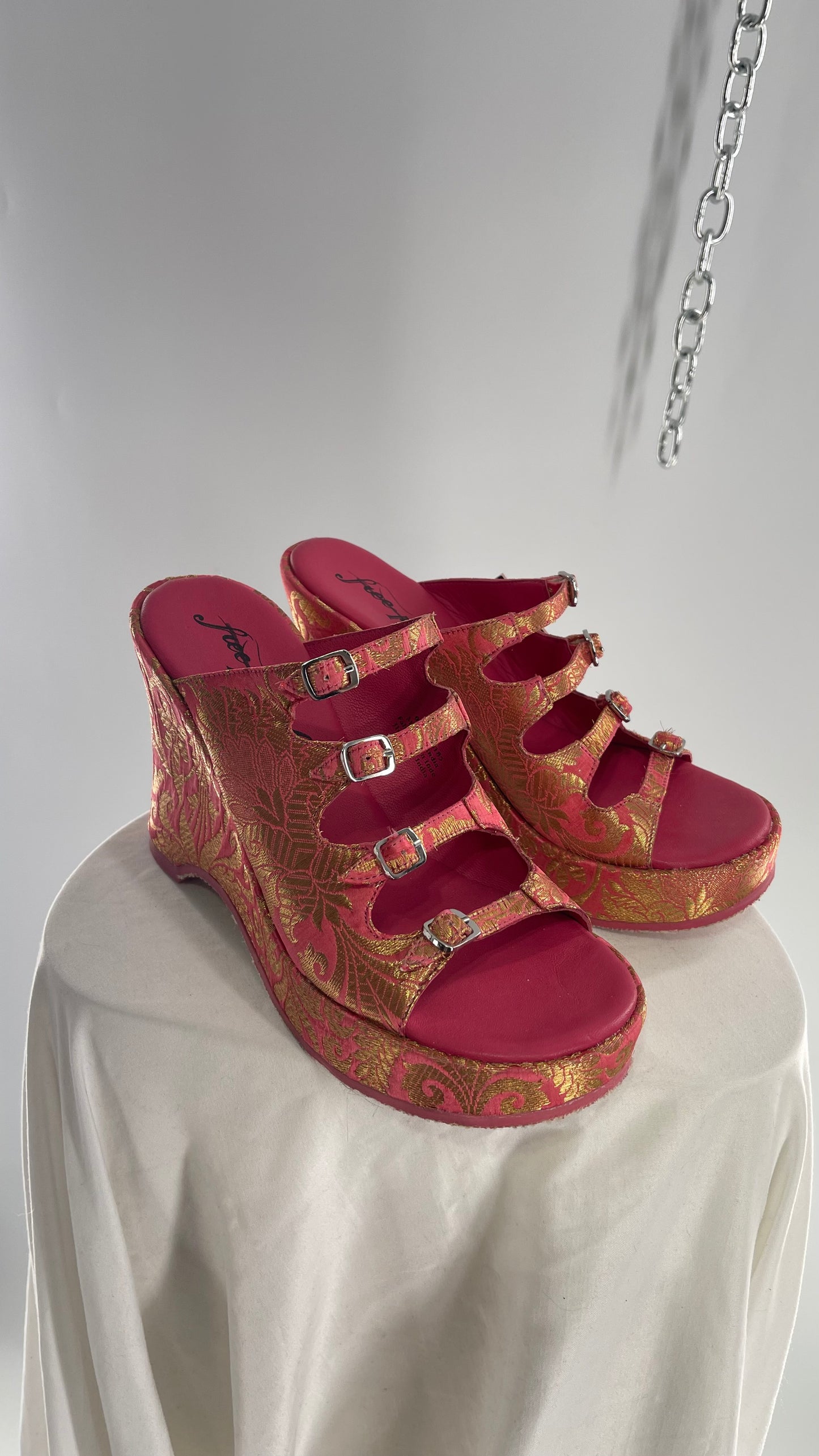 Free People Hot Pink Hoffman Buckle Front Wedge Heels with Satin Gold Paisley/Brocade Pattern (37)