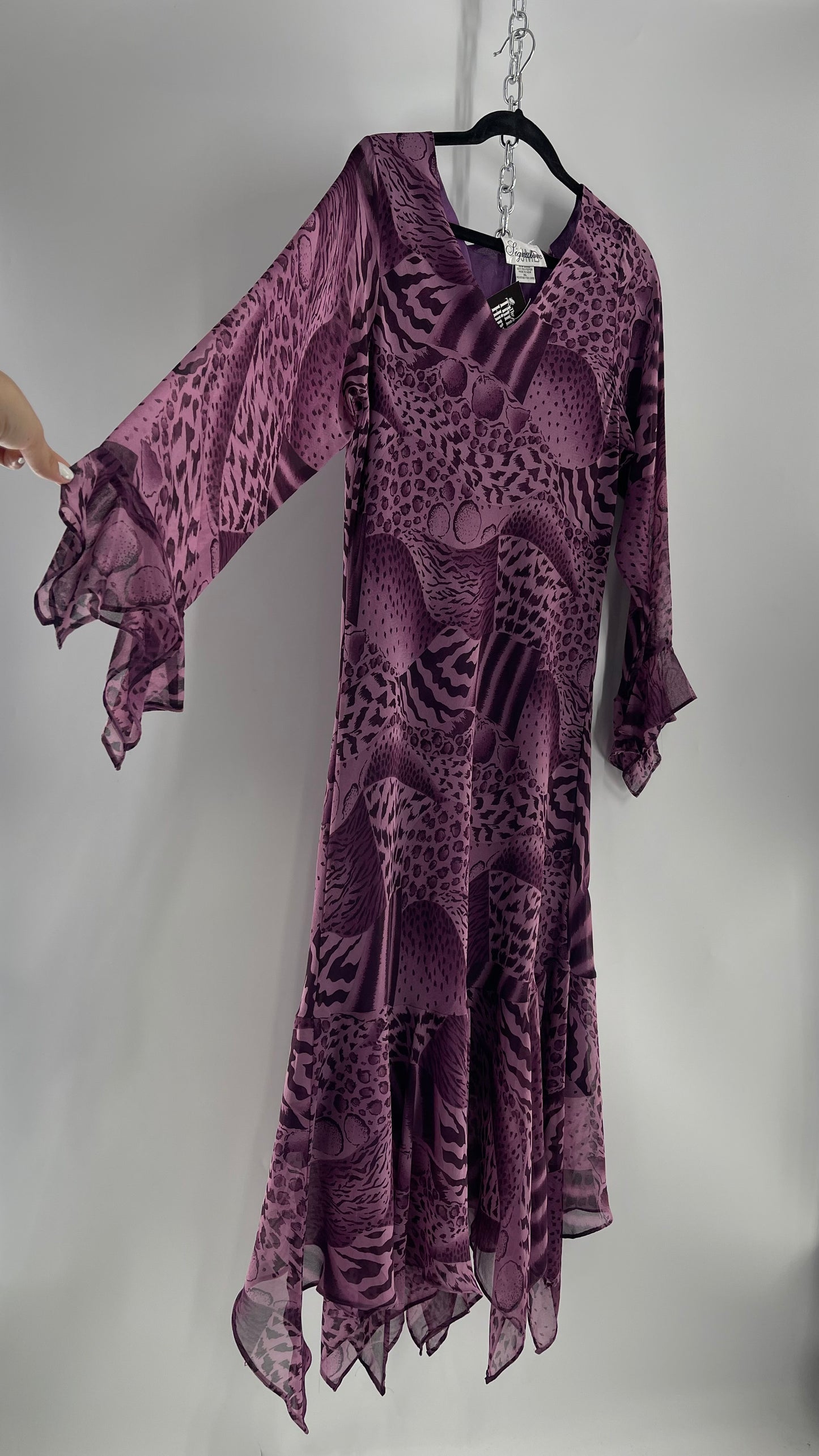 Vintage Signature JMB Suga Plum Fairy, Purple Maxi with Animal Print, Handkerchief Hem and Sleeves (XL)