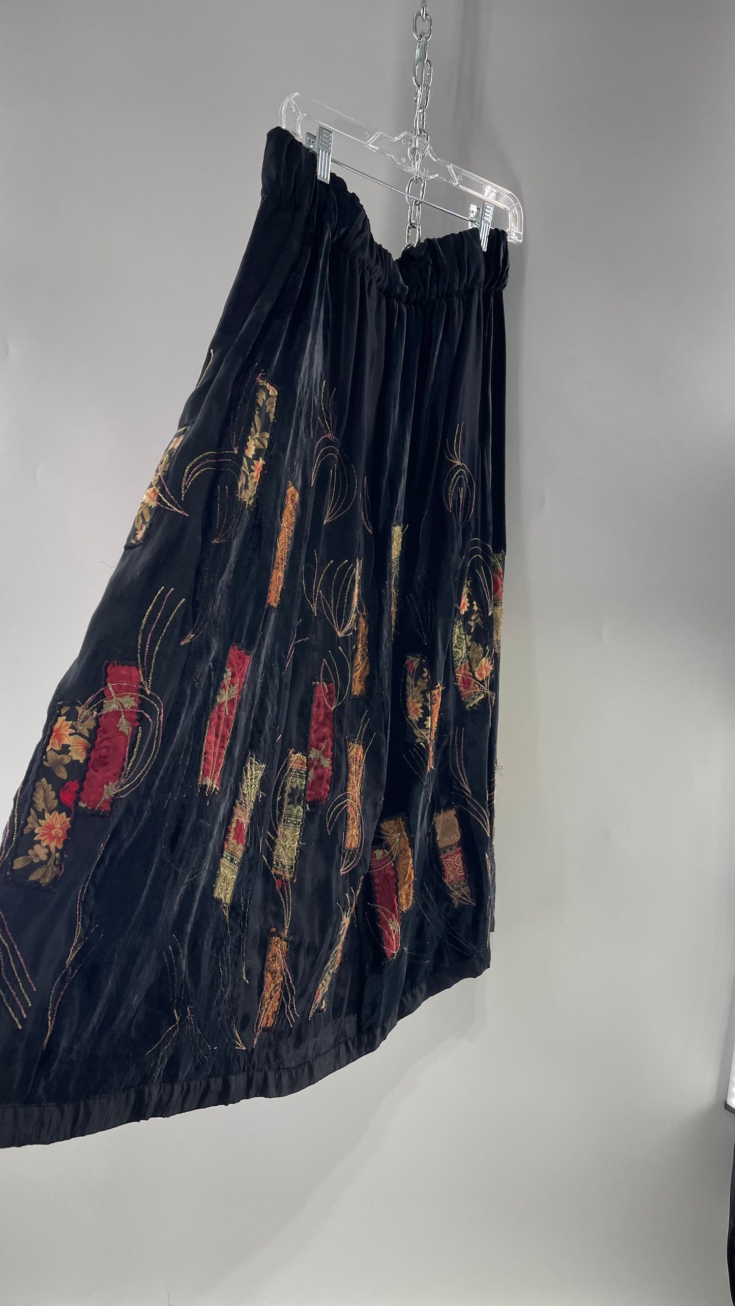 Vintage Black Velvet and Embossed Florals Patchwork Skirt with Metallic Stitch Detailing with Lining and Thick Waistline (M)