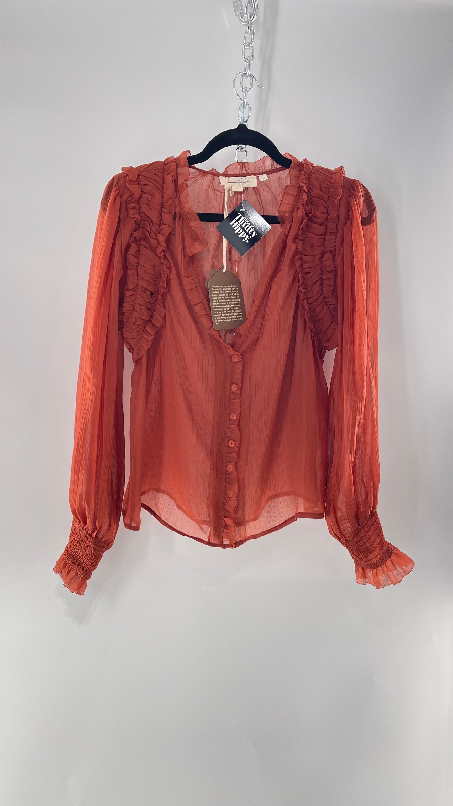 Forever That Girl Burnt Orange Shear Delicate Button Front Top with Pin Tuck Shoulder Detail and Balloon Smocked Sleeve (Medium)