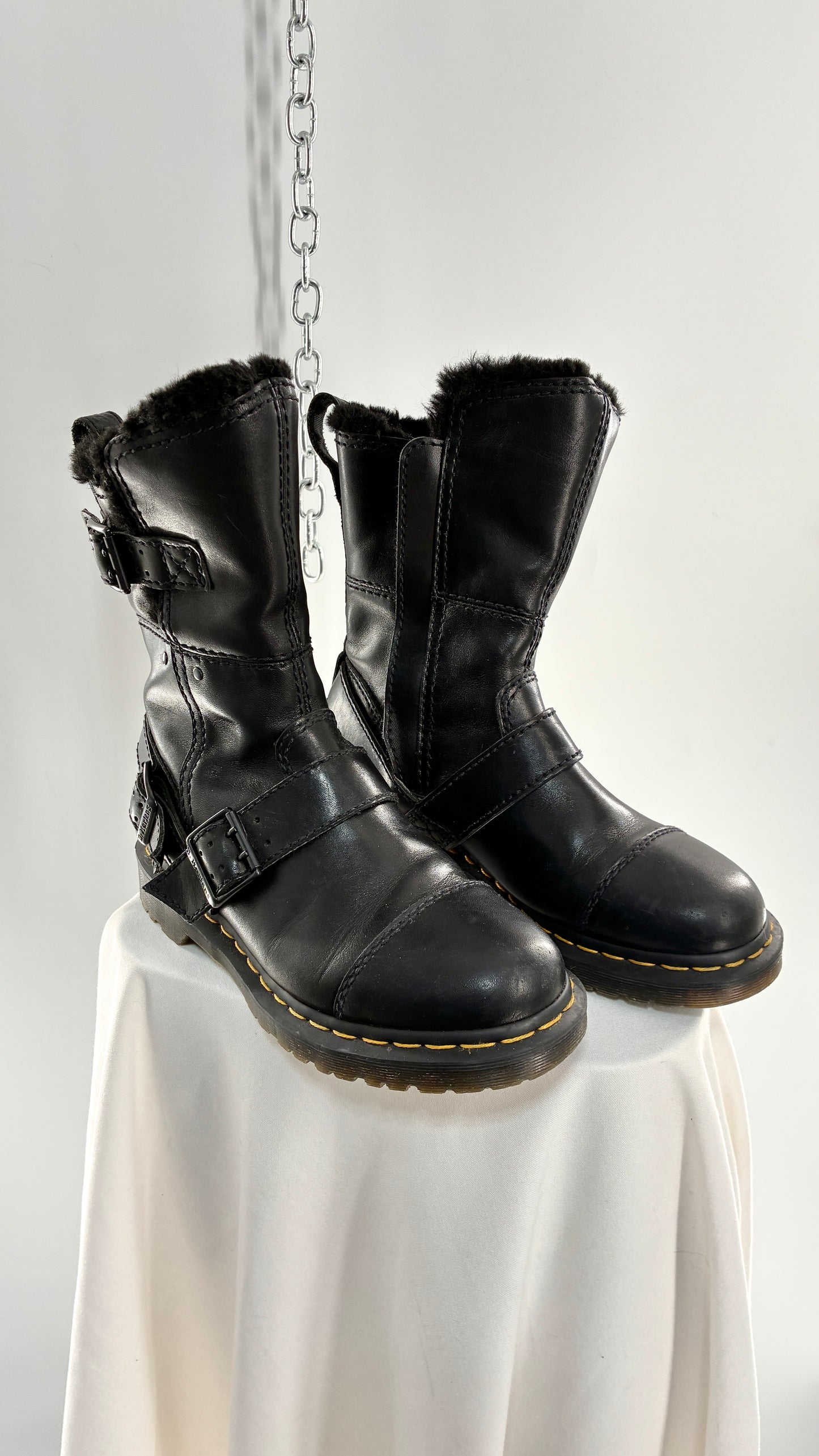 RARE Vintage Dr. Marten Kristy Mid Calf Faux Fur Black Leather Boots (8L)