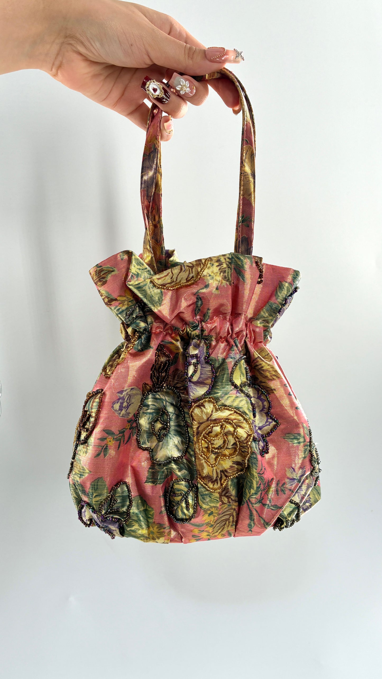Vintage Metallic Cinch Bag with Beaded Florals