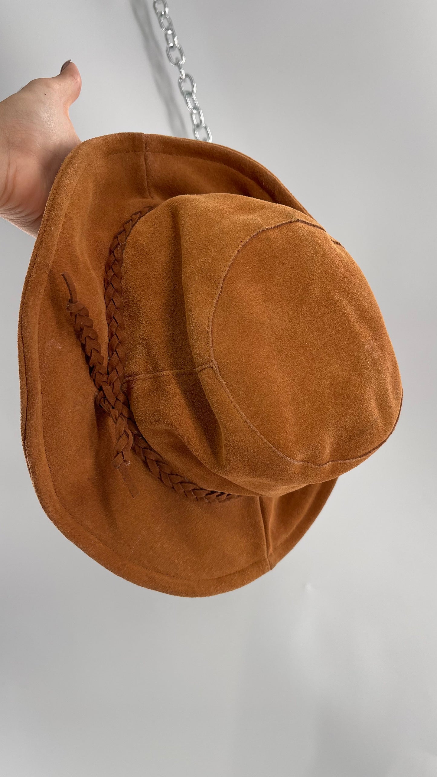 Free People Burnt Orange Suede Genuine Leather Sun Hat with Braided Belt