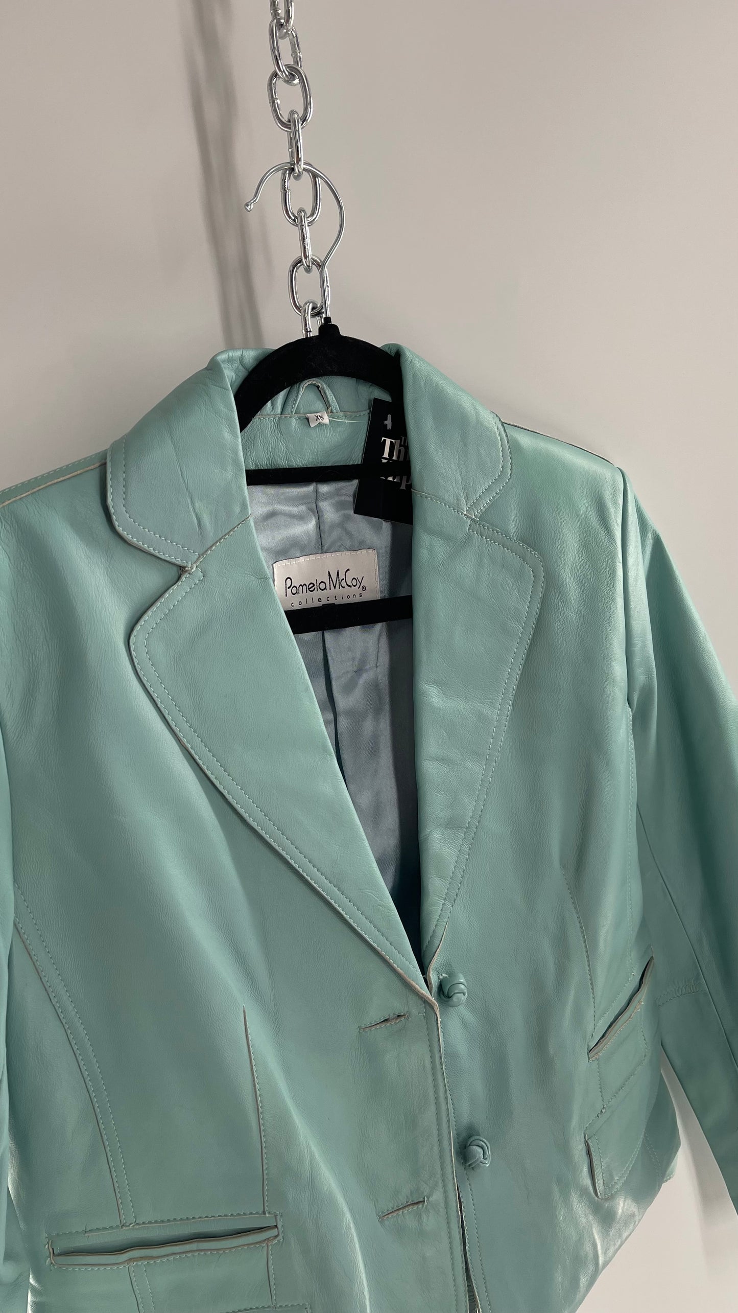 Vintage 1990s Pamela McCoy Eggshell/Tiffany Blue Leather Blazer Jacket (XS)