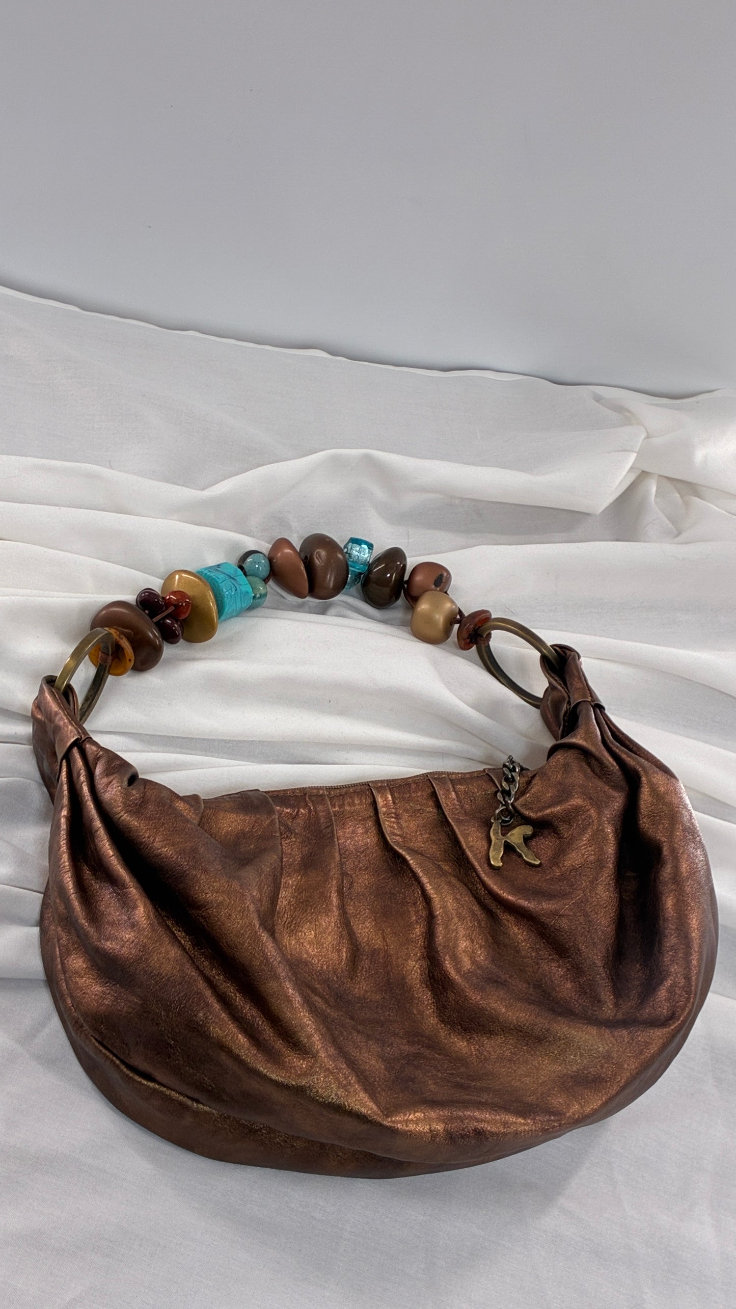 Vintage KARKABA  Metallic Bronze Leather Bag with Exaggerated Beaded Handles