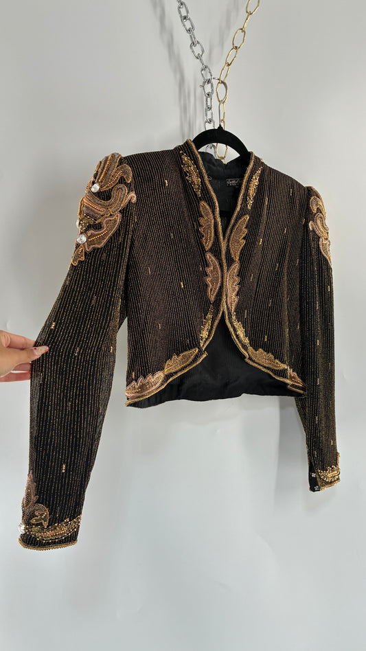 Vintage CREATIVE CREATIONS Black Blazer with Intricate Gold Beading (Medium)