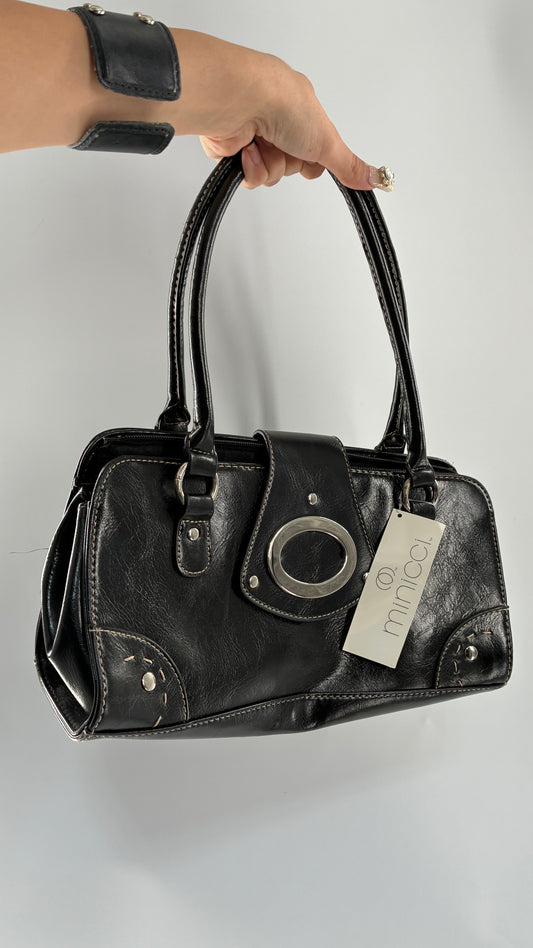 Deadstock Vintage MINICCI Black Shoulder Bag With Silver Hardware, Exaggerated Stitching