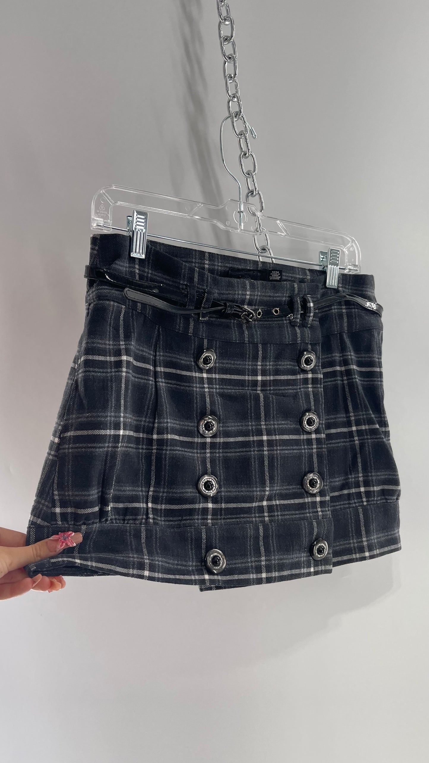 Vintage 2000s Gray Plaid Mini Skirt with Button Front and Belted Waistline (Medium)