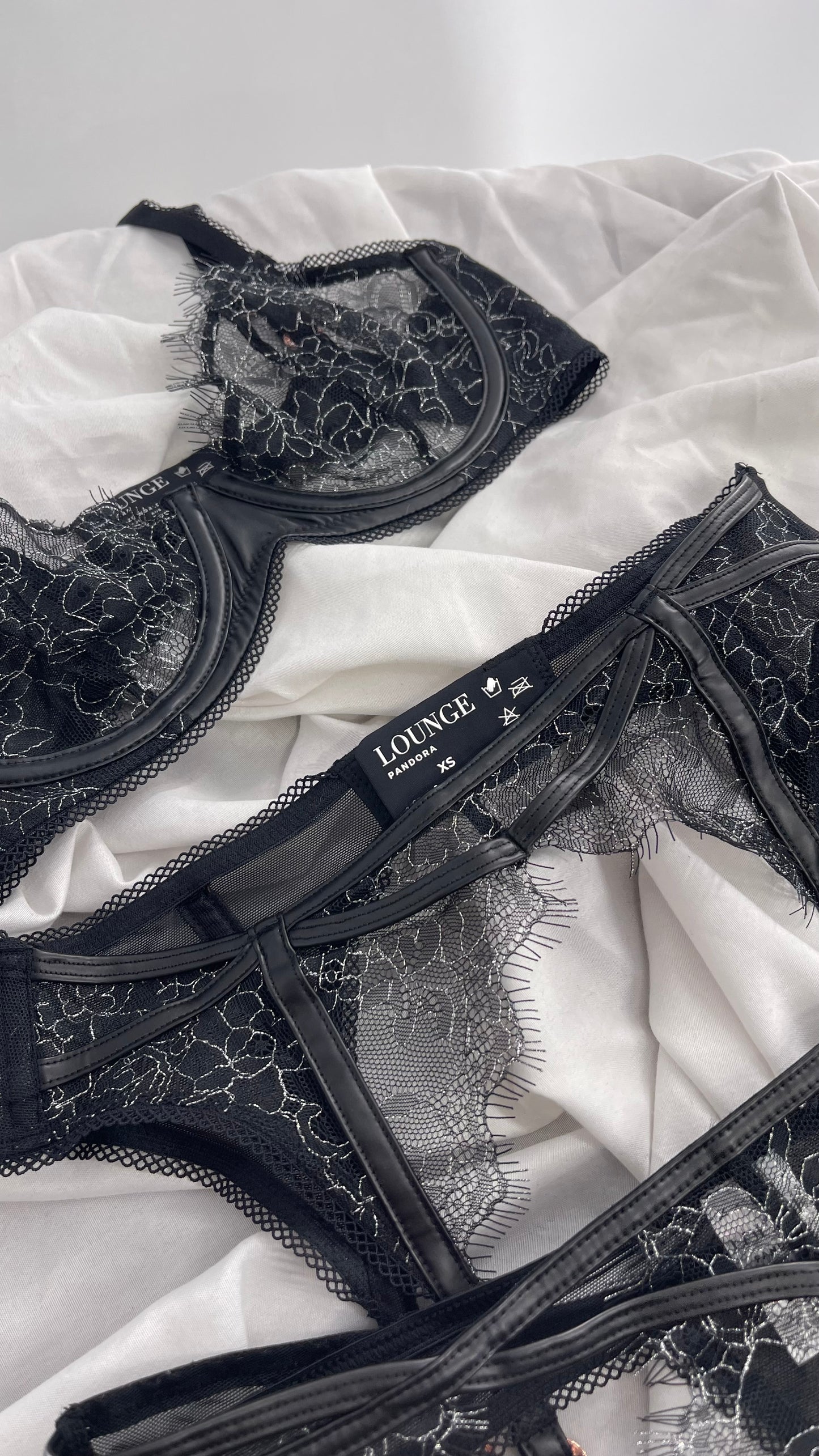 LOUNGE Black and Silver Lace Pandora Bra, Garter, and Panty Set NWOT (32C,XS)