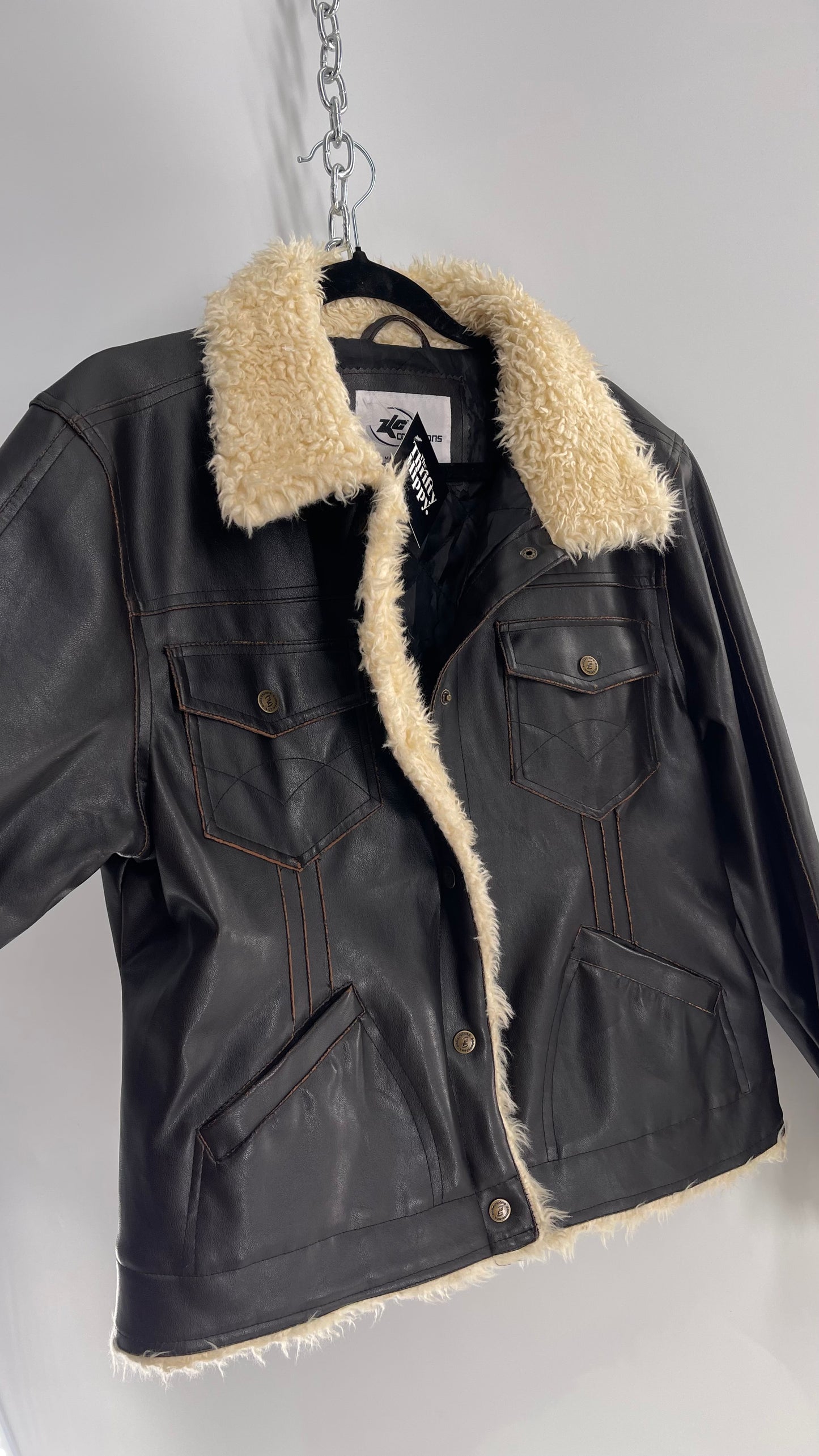 Vintage 90s KC Collections Brown Vegan Leather Jacket with Faux Fur Trim (XL, fits like a M/L)