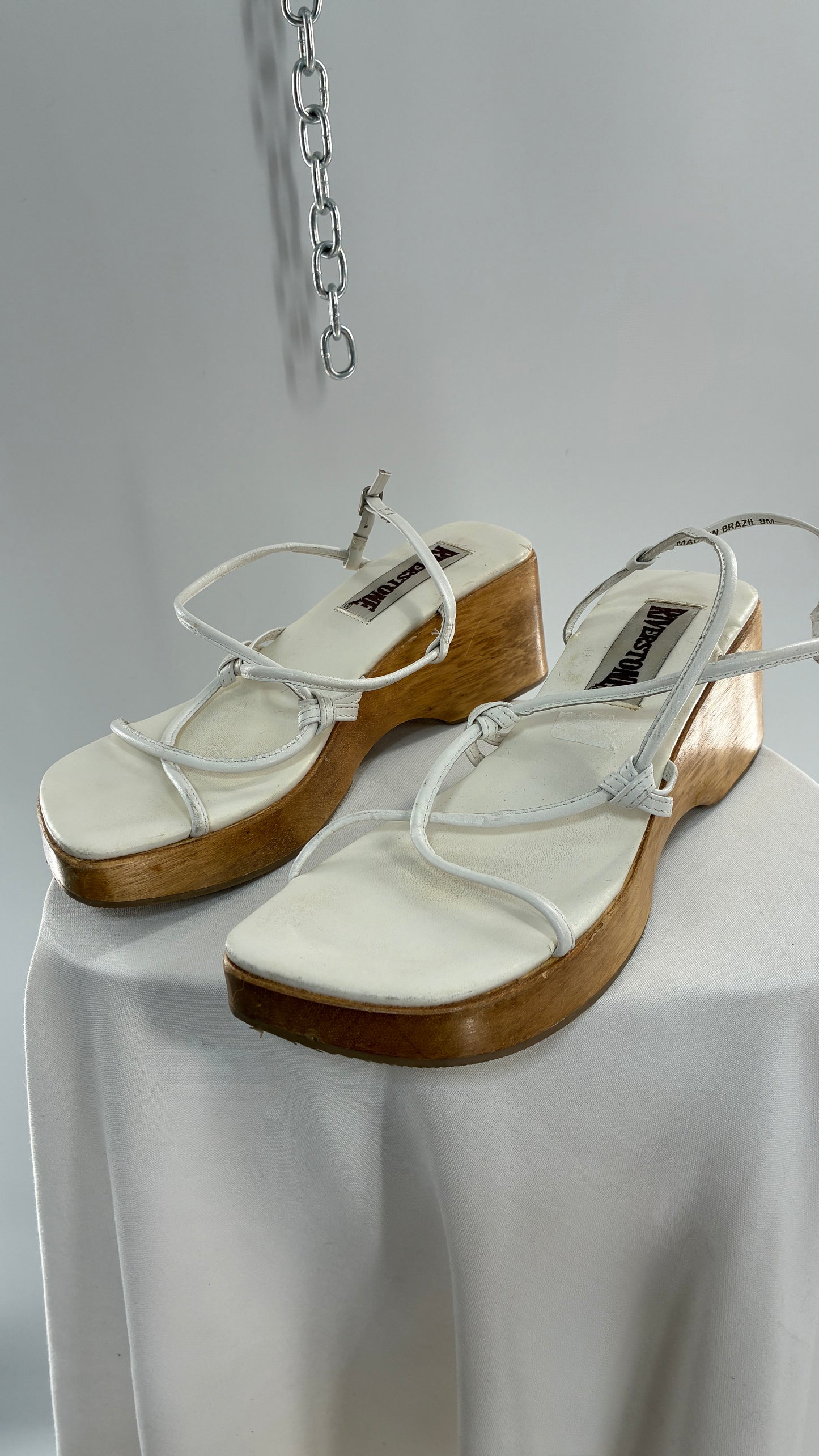 Vintage 1990s RIVERSTONE Wooden Platform Square Toe, Strappy Sandal Made in Brazil (8)