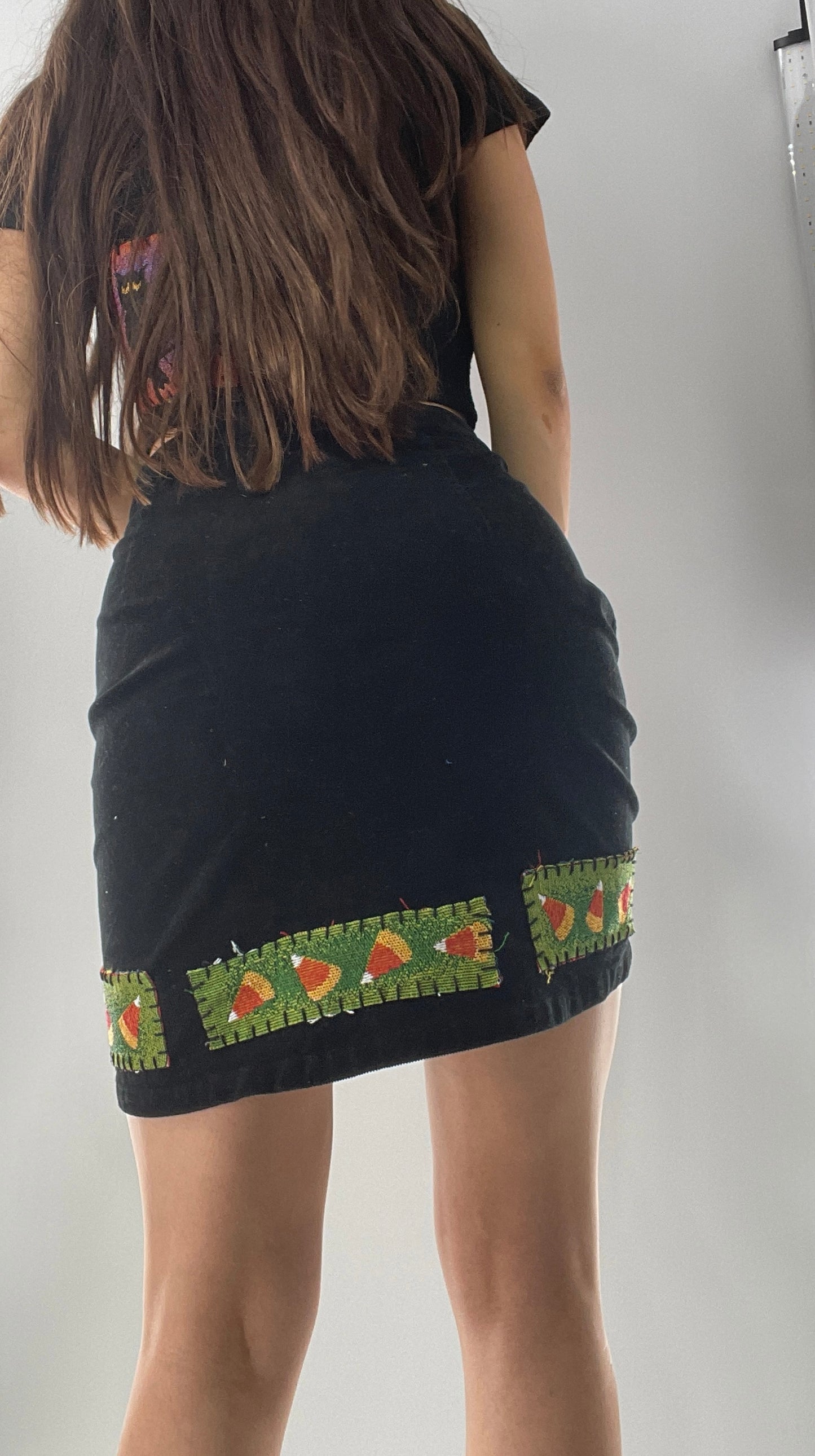 Custom Black Corduroy MNG Skirt with Hand Sewn Halloween Patches (EU M US S)