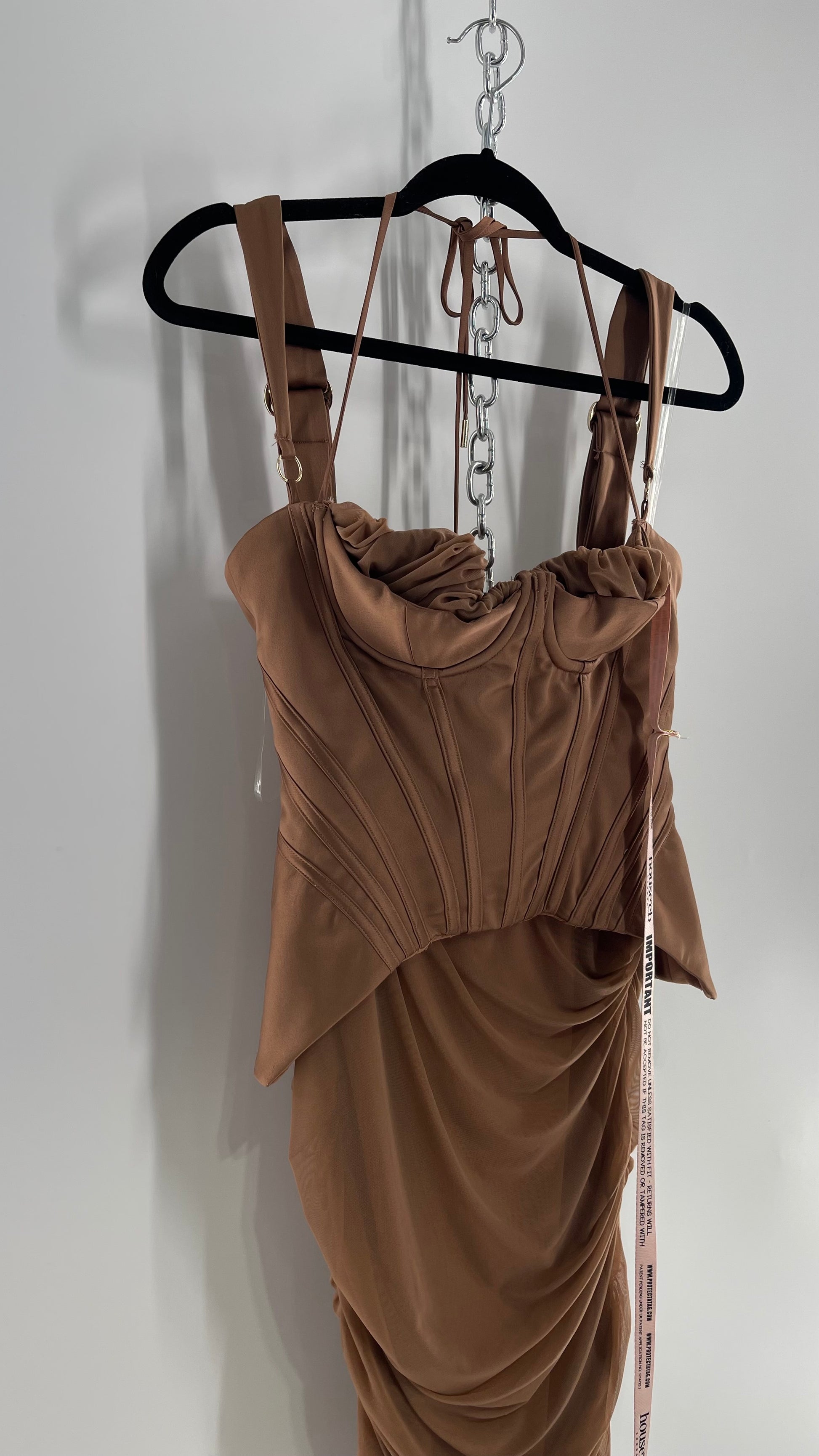 House of CB Talya Toffee Satin Corset Midi Dress with Ruched Skirt (Me The Thrifty Hippy House of CB Talya Toffee Satin Corset Midi Dress with Ruched Skirt (Me The Thrifty Hippy