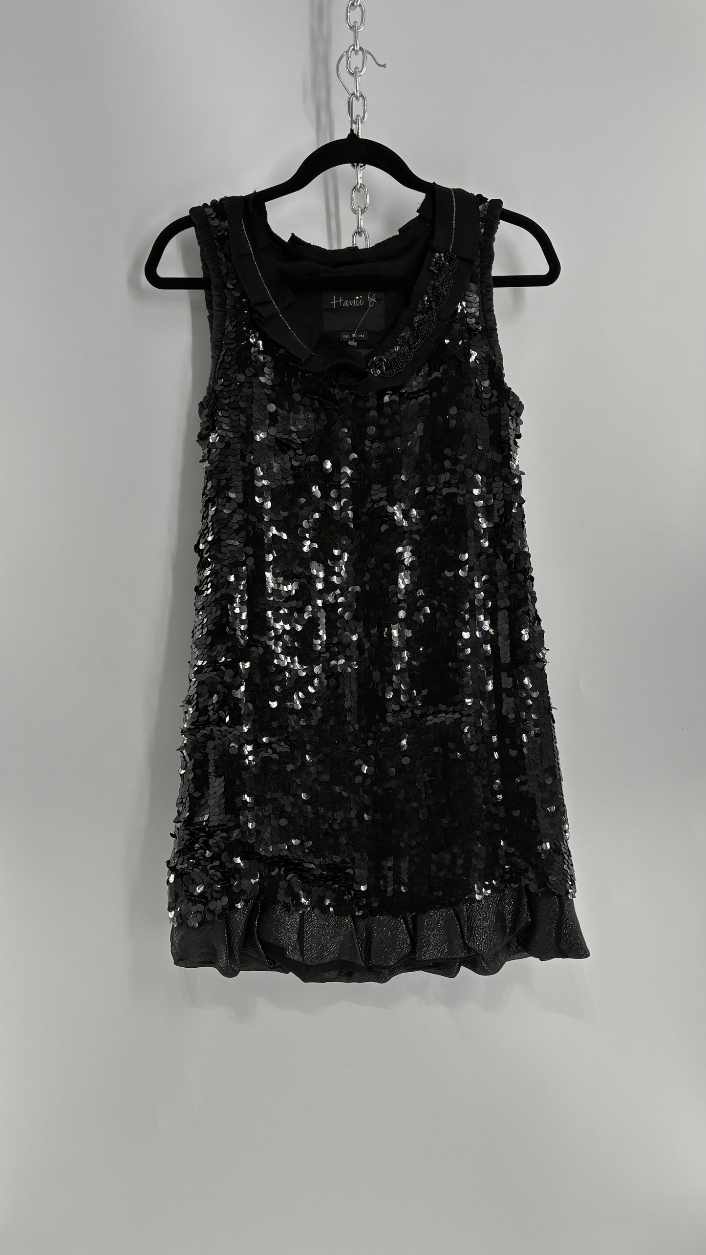 HANII Y. Black Sequin Mini Dress with Beaded, Pleated Ribbon Neckline and Bubble Hem (40)