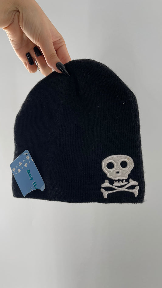 Boys Black Beanie with Skull Embroidered Detail