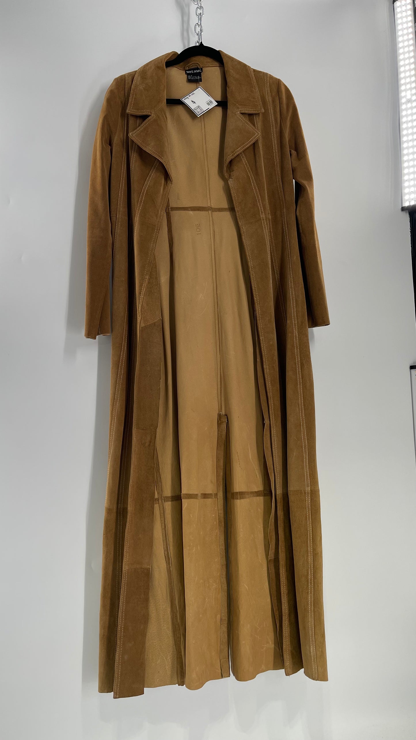 Vintage Wet Seal Full Length Paneled Tan Leather Sweeping Coat (Small)