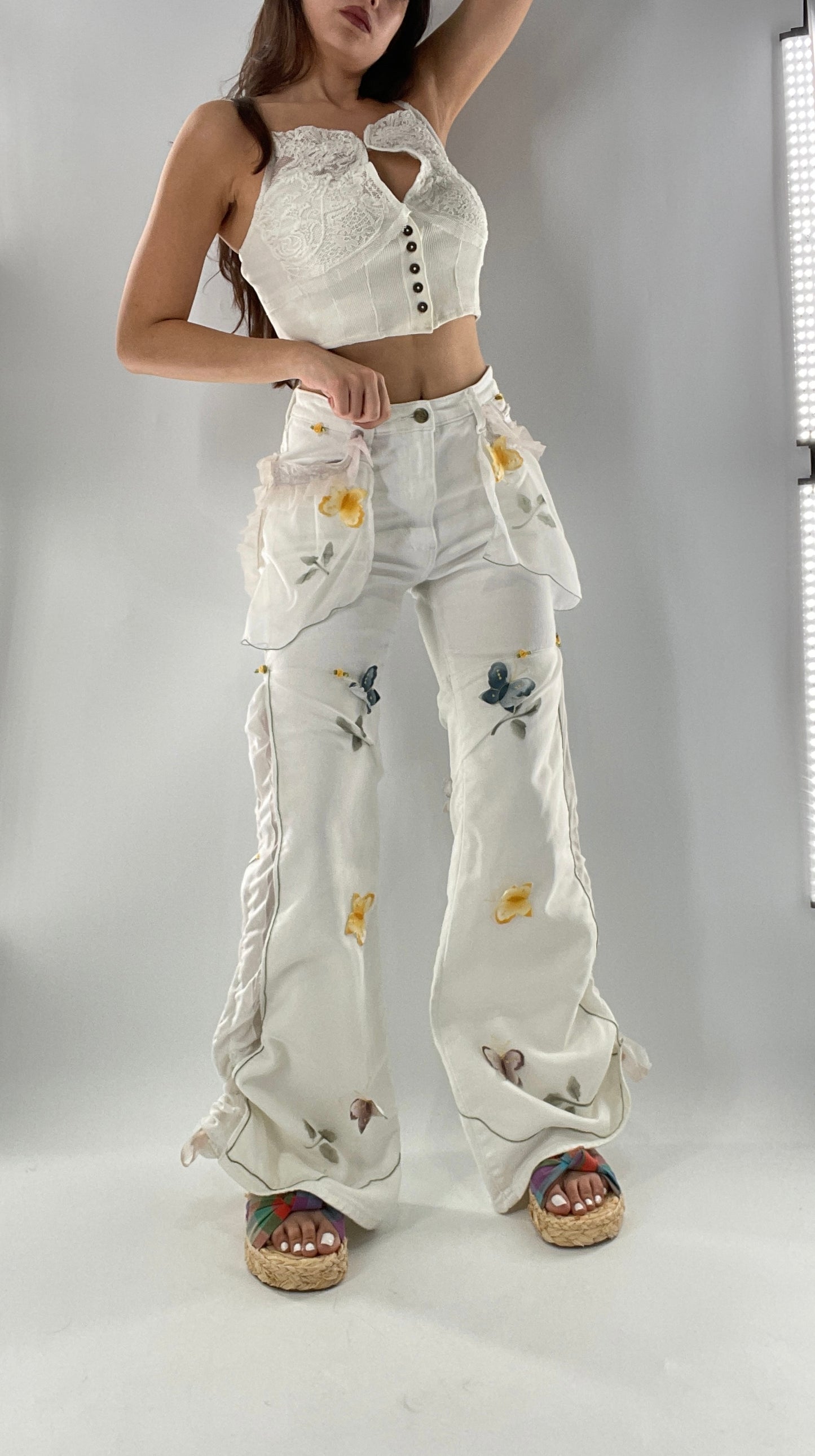 Remade Upcycled Lee White Jeans with Drawstring Adjustable Length, Lace Trim Pockets, Embroidery and Appliqué Details (27)