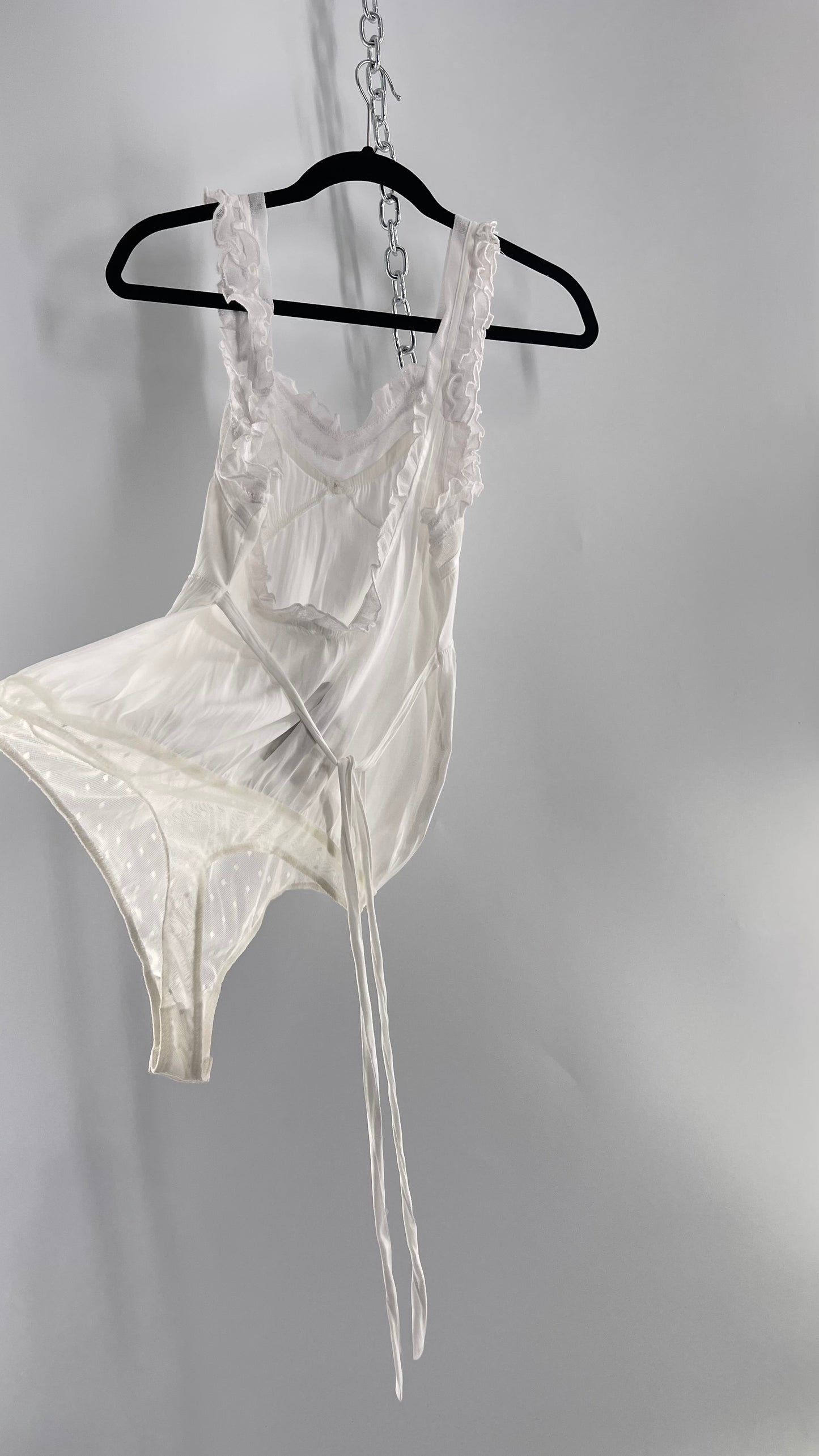 Free People White Silky Soft Bodysuit with Ruffled Bust-line and Straps (M)