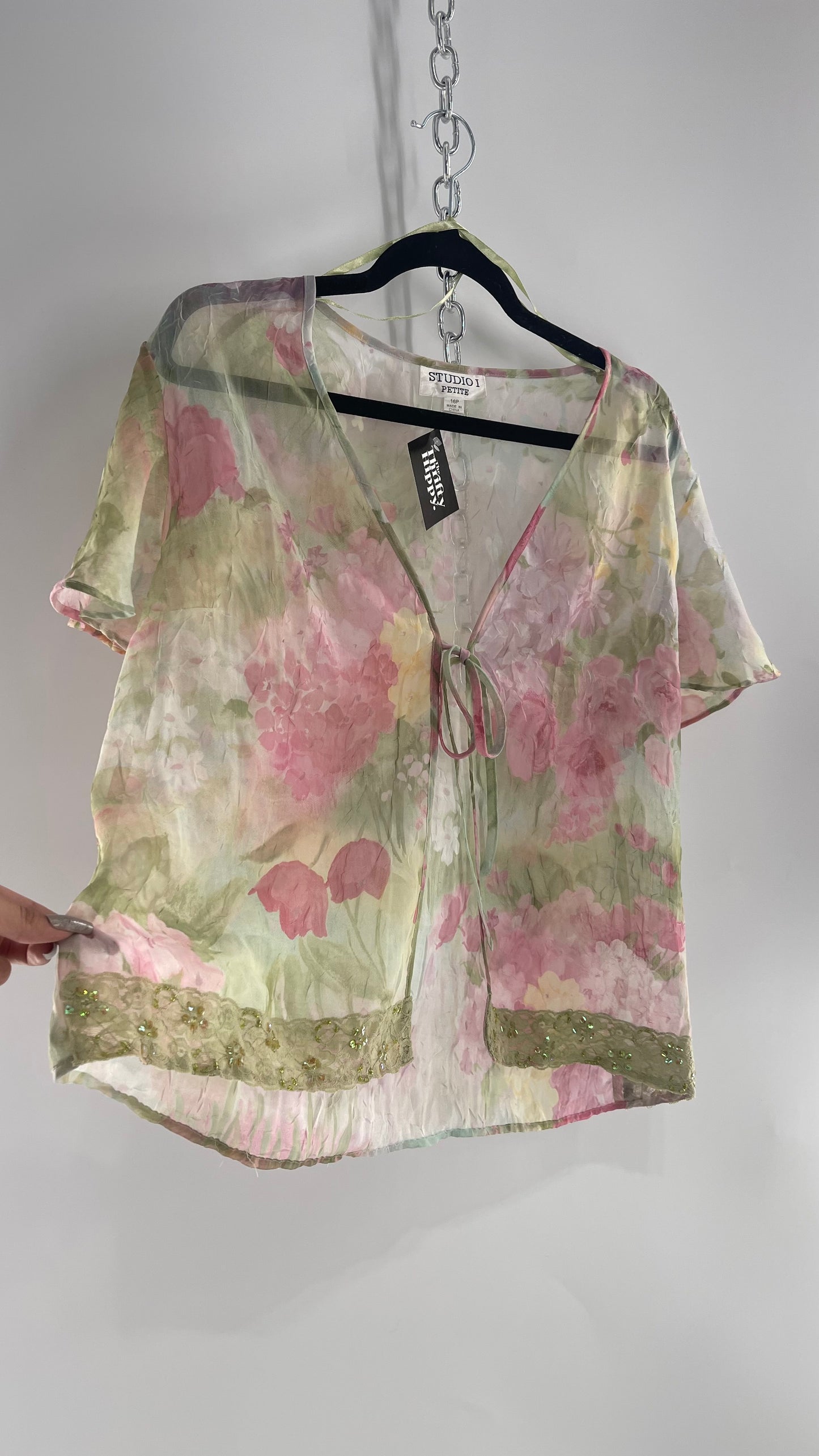 Vintage STUDIO 1 Bow Front Crinkled Floral Blouse Lace Trim Hem (Large)