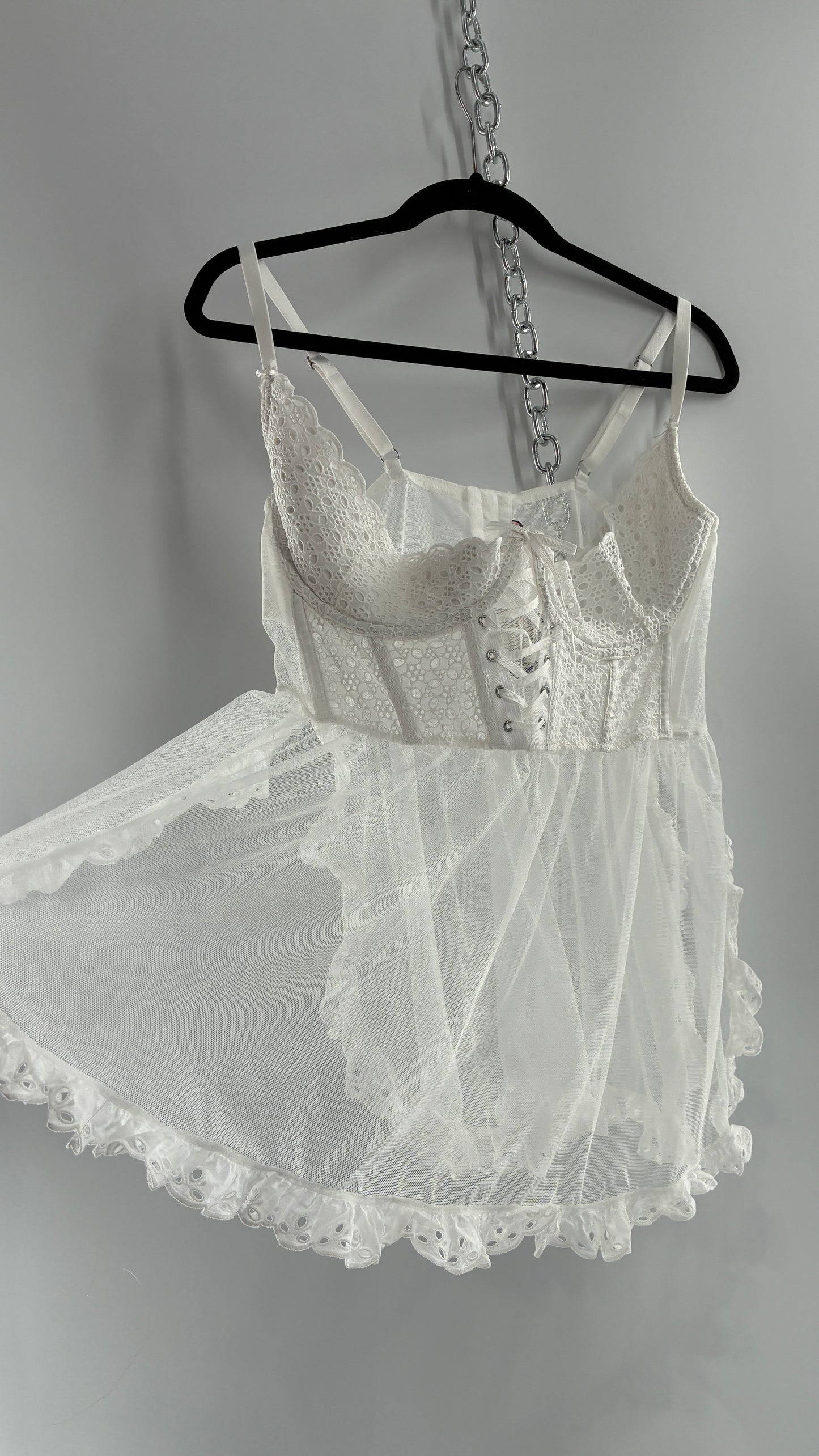 Vintage VICTORIA’S SECRET White Eyelet Lace Bustier with Mesh Skirt (XXL)