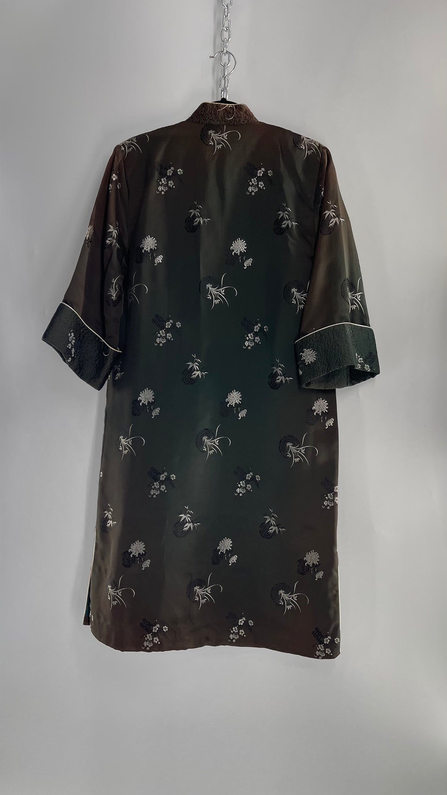 Vintage Hong Kong, Hand Made, Dark Green Silk Kimono Coat/Smoking Jacket (38)