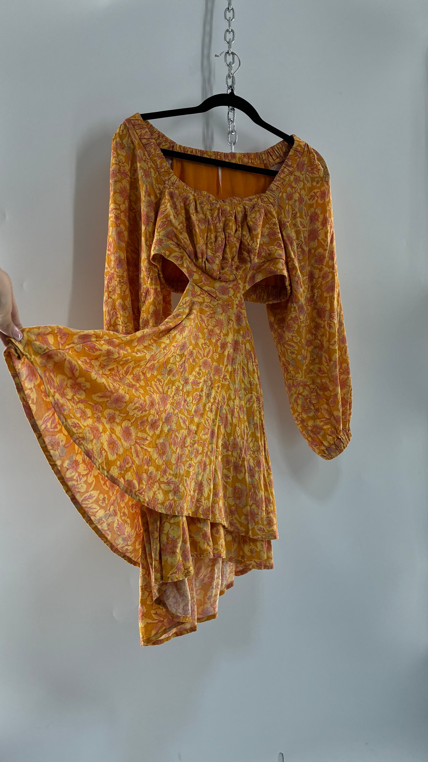 Free People Yellow Cut Out Golden Florals Dress with Ruched Bust and Balloon Sleeves Worn (XS)