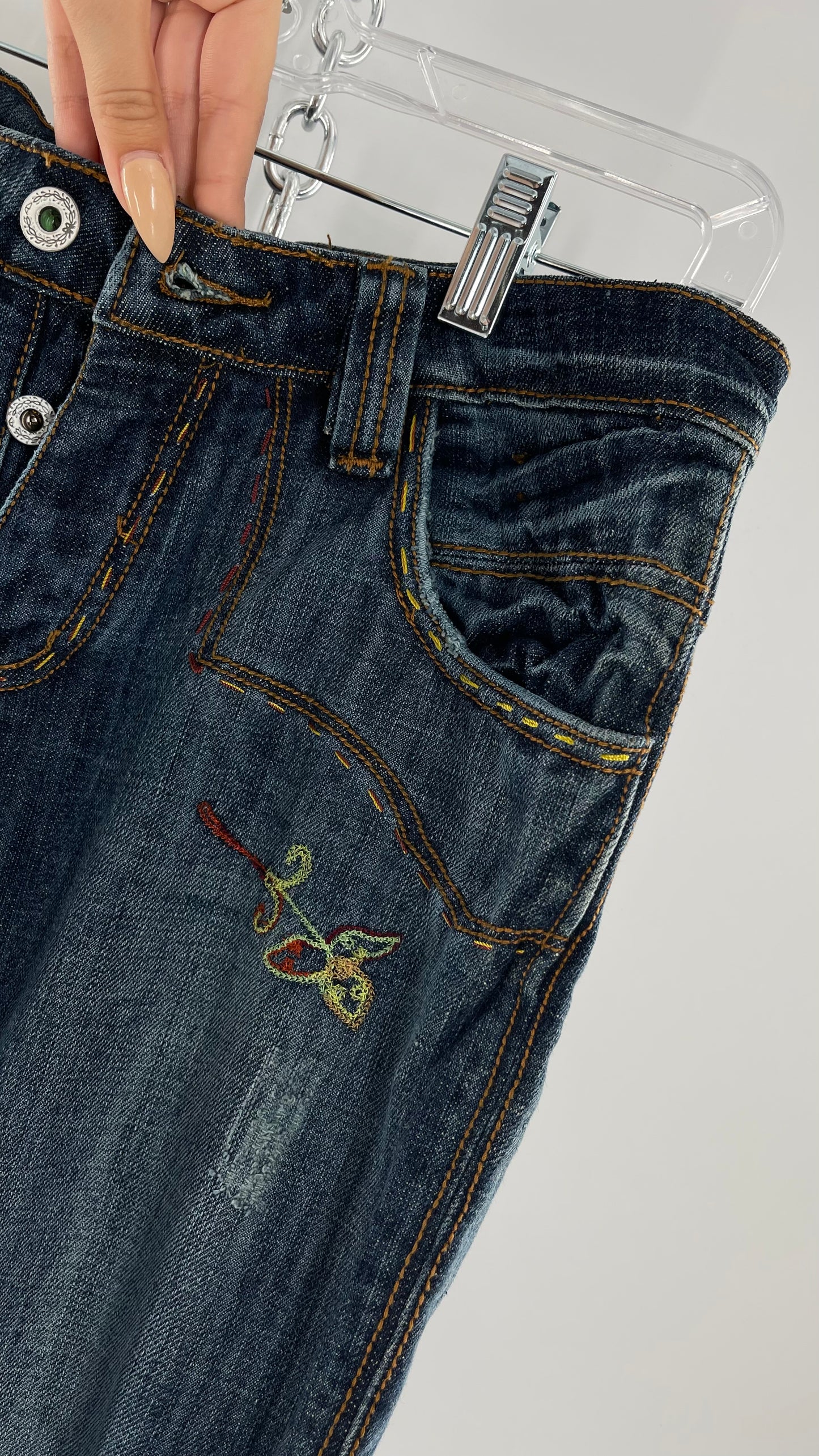 Vintage RARE Antik Denim Kick Flares with Embroidered Flower Design and Contrast Stitching (28)