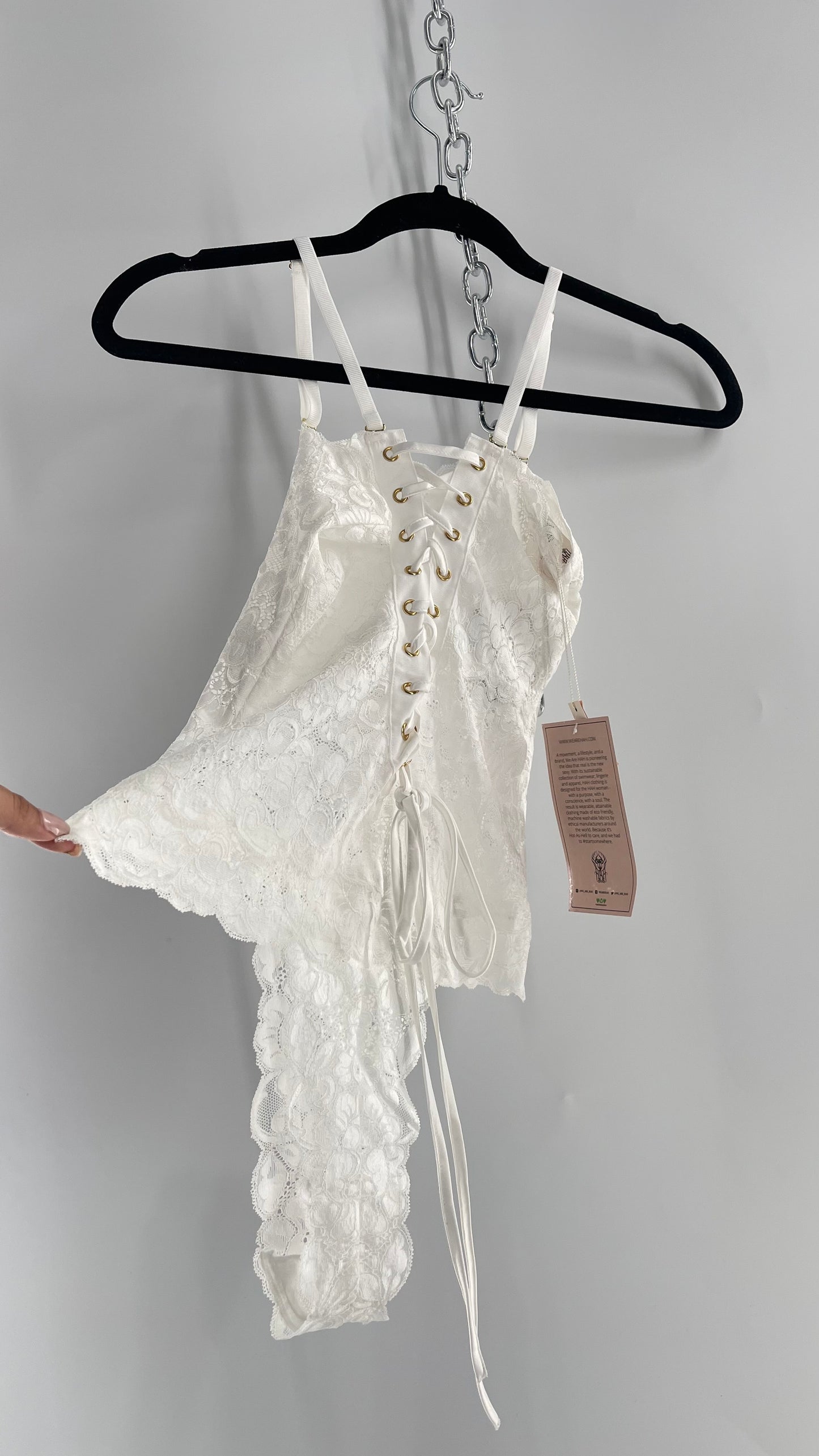 Hot as Hell White Lace Reversible Bodysuit with Lace Up Front/Back and Tags Attached (Small)