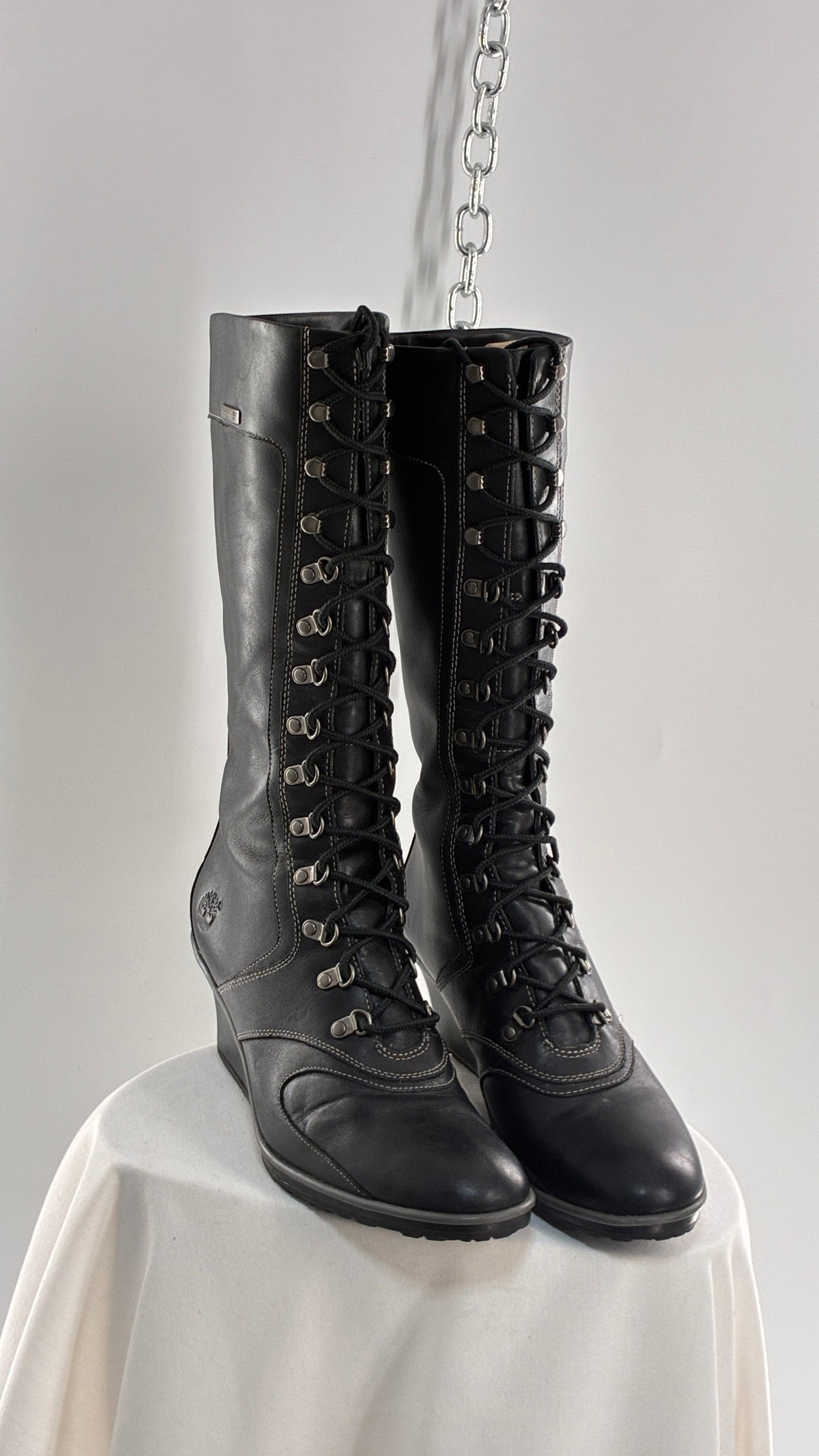 Vintage TIMBERLAND Black Genuine Leather Wedge Boots (10)