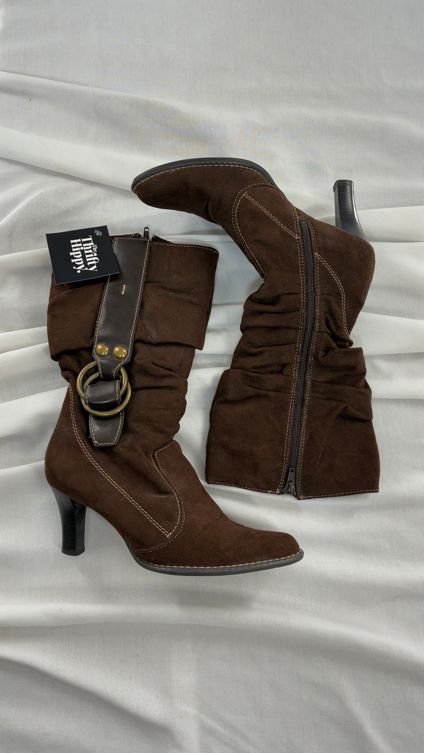 Vintage PREDICTIONS Vegan Suede Brown Stacked Boots with Buckle Detail (6.5)