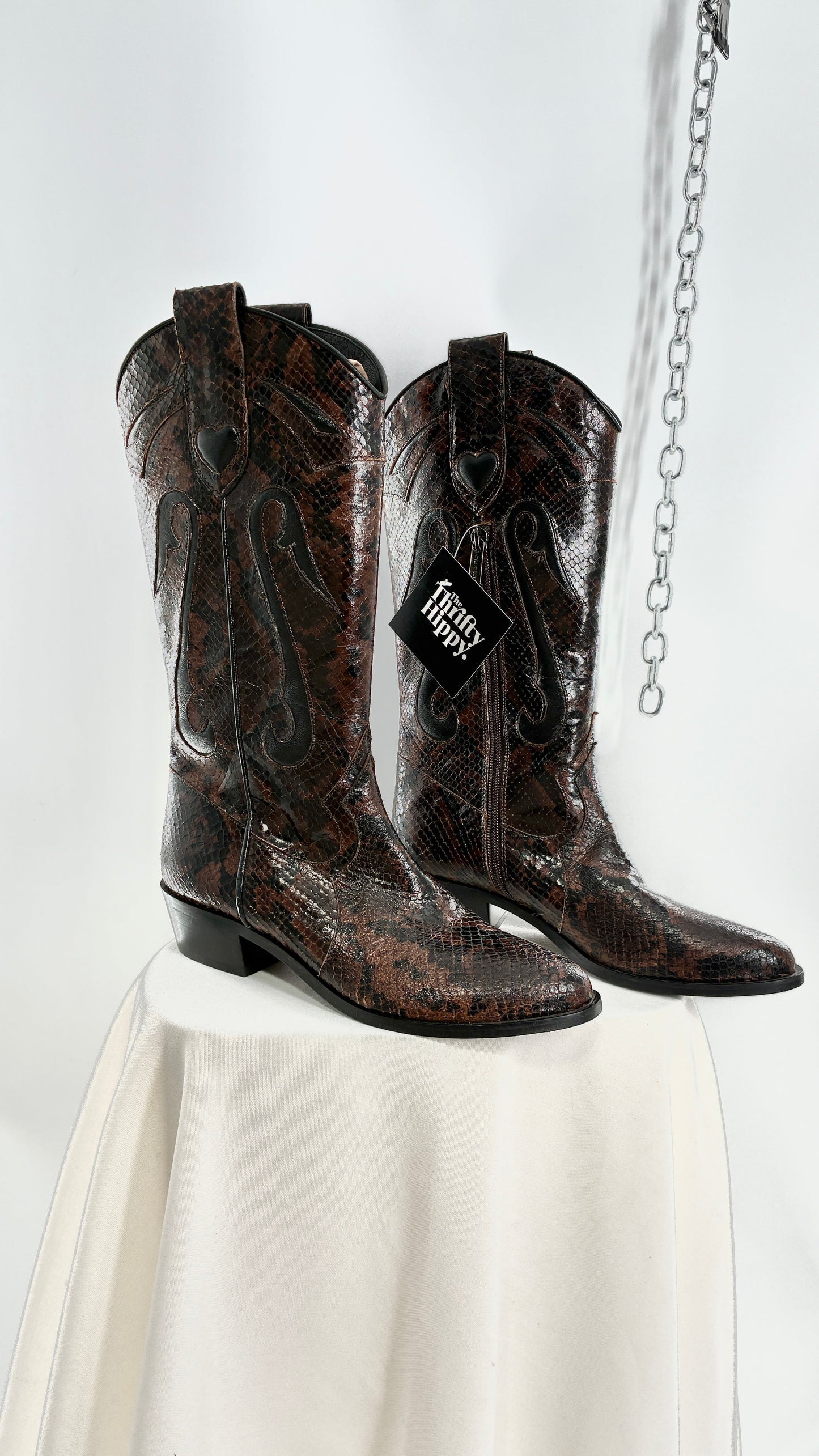 Vintage LABLANC Snakeskin Cowboy Boots with Hearts Made in Italy (36)