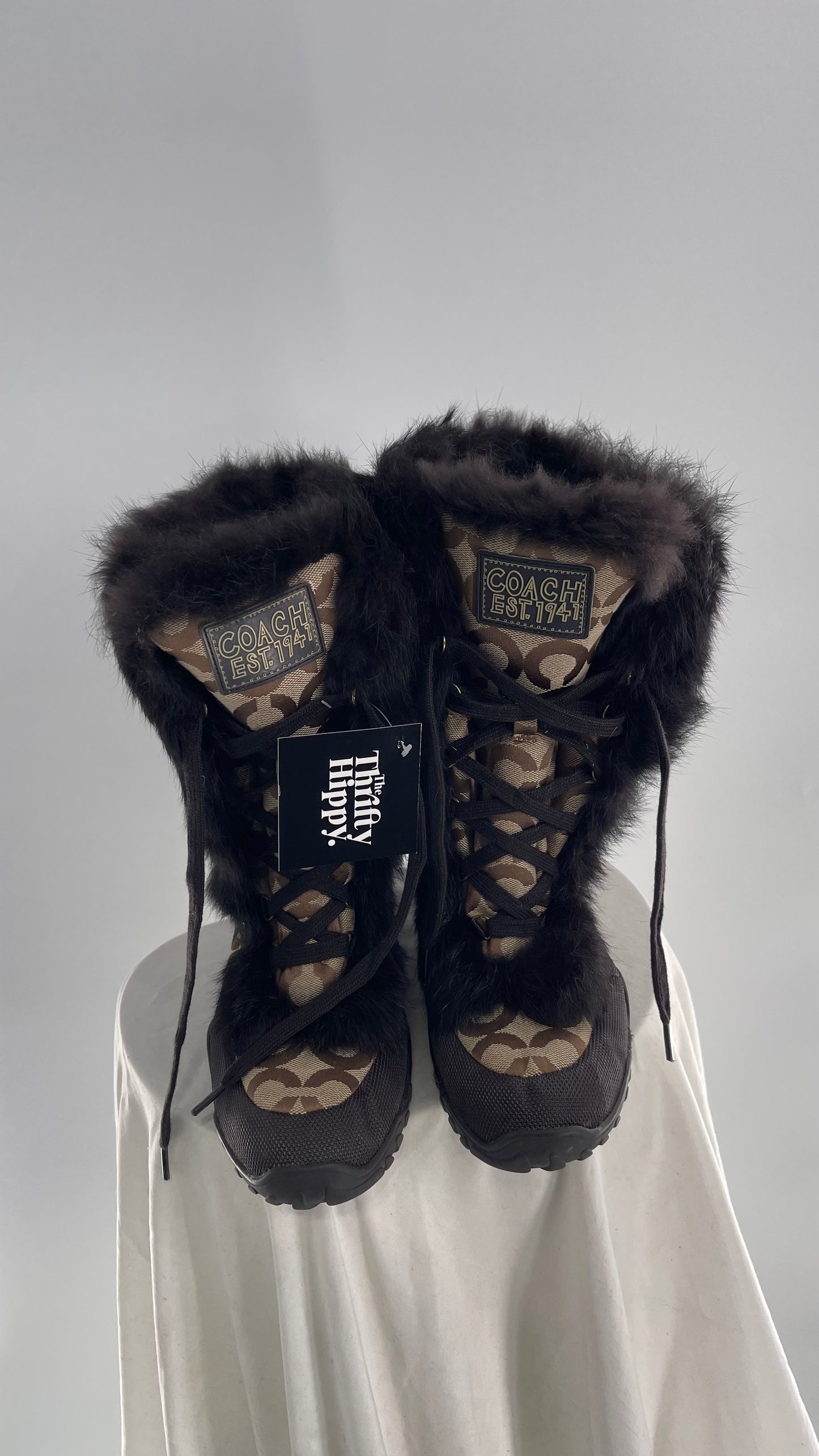 COACH Jennie Signature Quilted All Over Monogram Print Winter Boot with Rabbit Fur Trim (9)