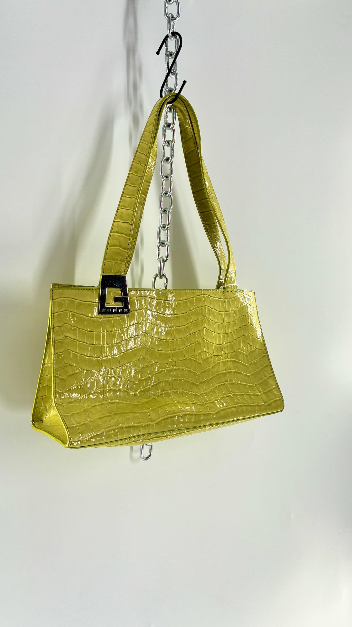 Vintage 1990s GUESS Lime Green Shoulder Purse with Metal Logo Buckle