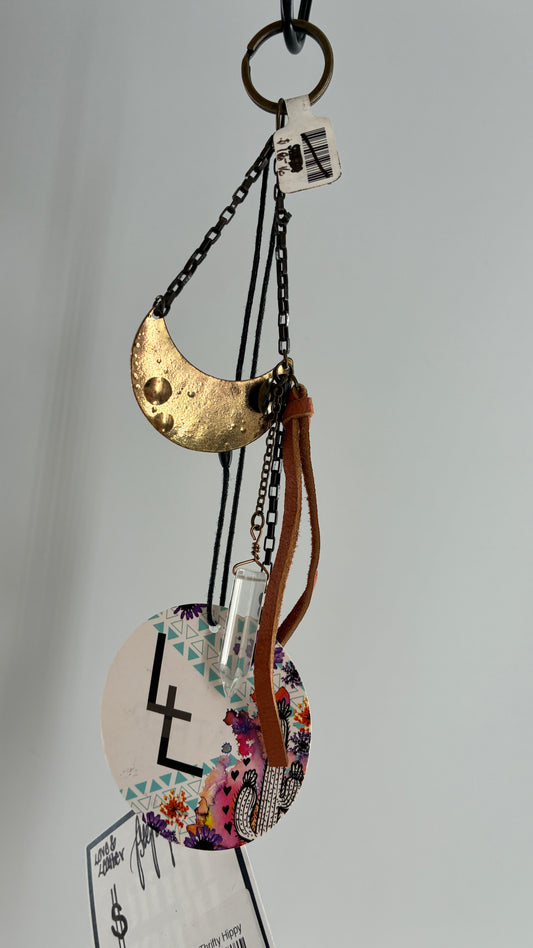Free People Love and Leather Brass Half Moon, Crystal Dagger Keychain