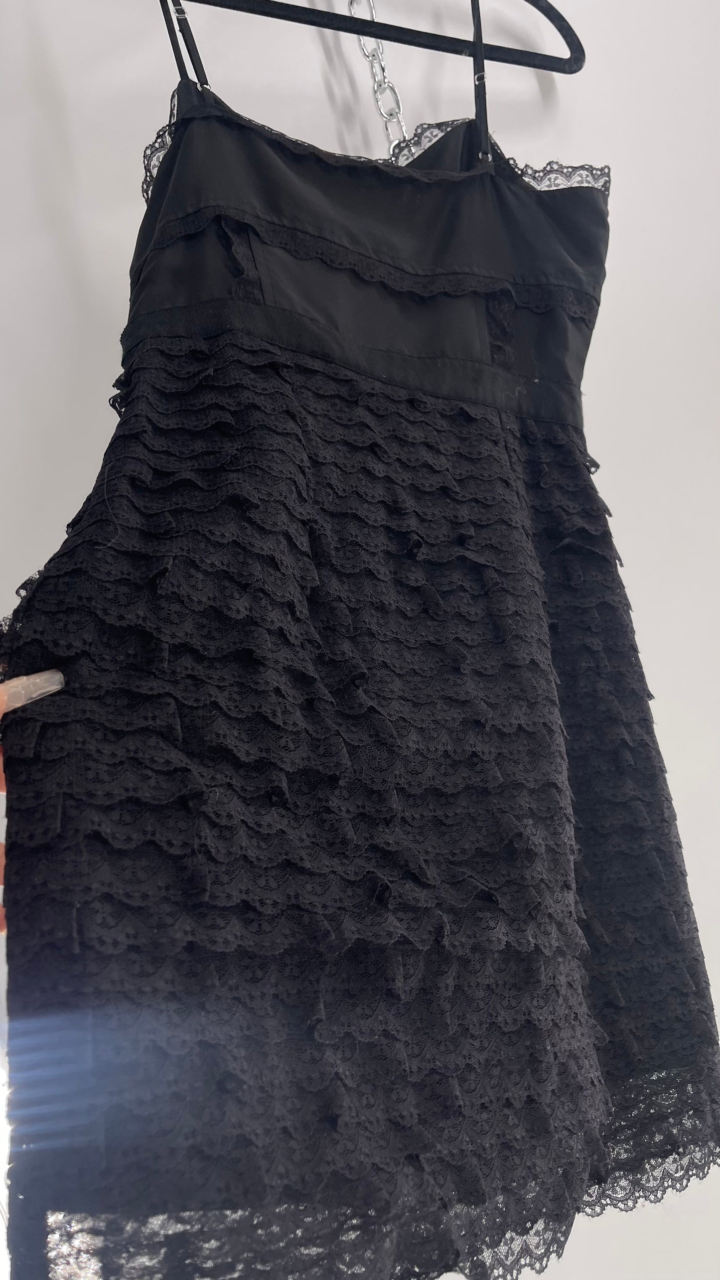 RED VALENTINO Black Corseted Style  Ruffle Lace Hem Skirt Mini Dress