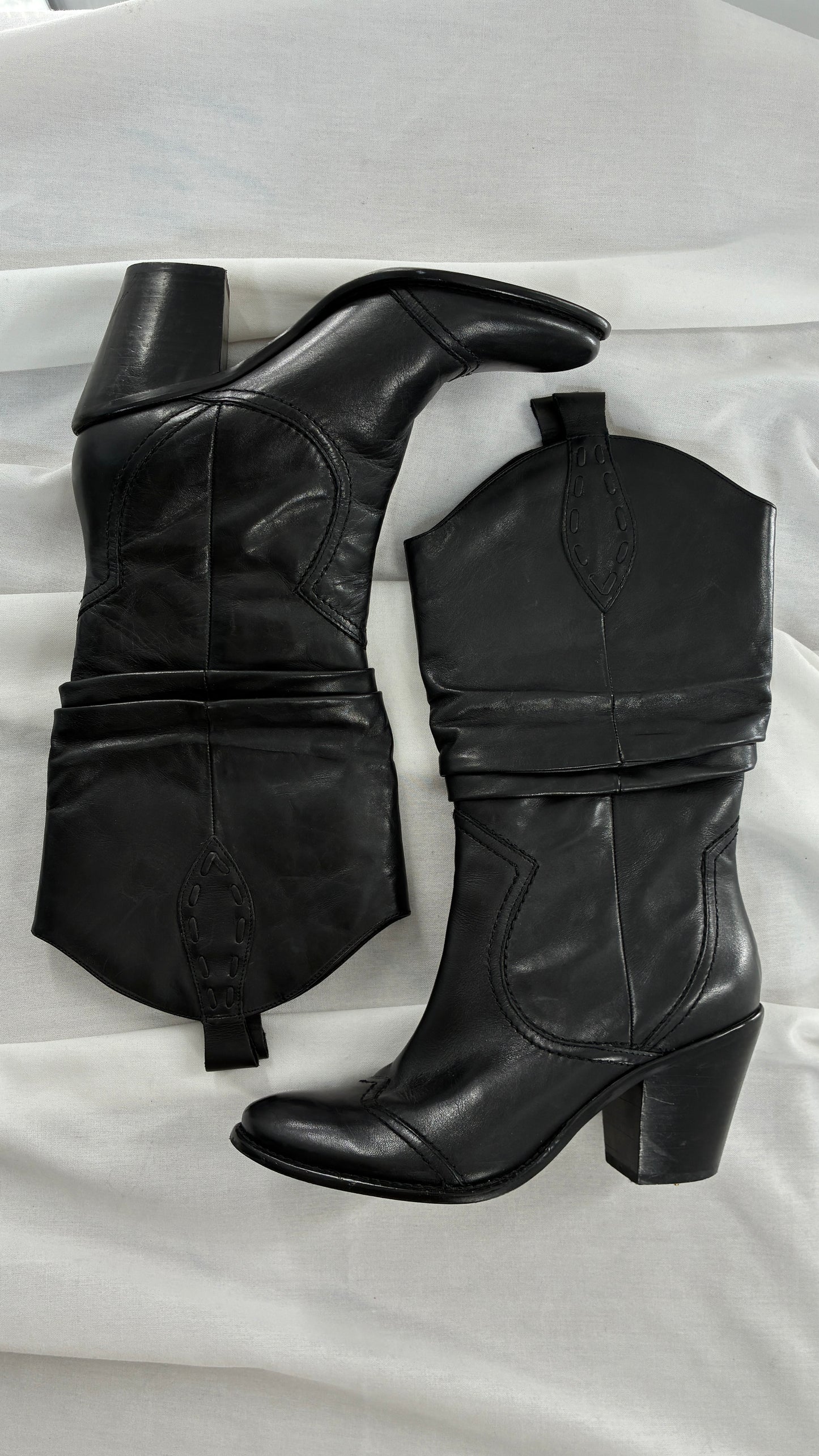 Vintage BCBG Black Genuine Leather Stacked Cowboy Boot (7.5)