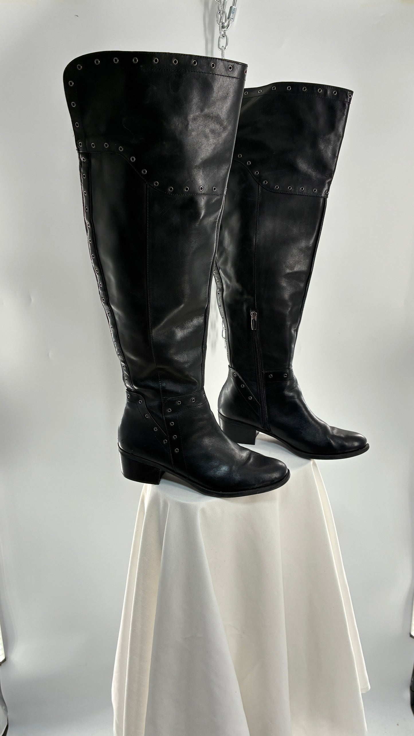 VINCE CAMUTO Genuine Leather Black Over the Knee, Thigh High Boots with Studding Details (11/41)