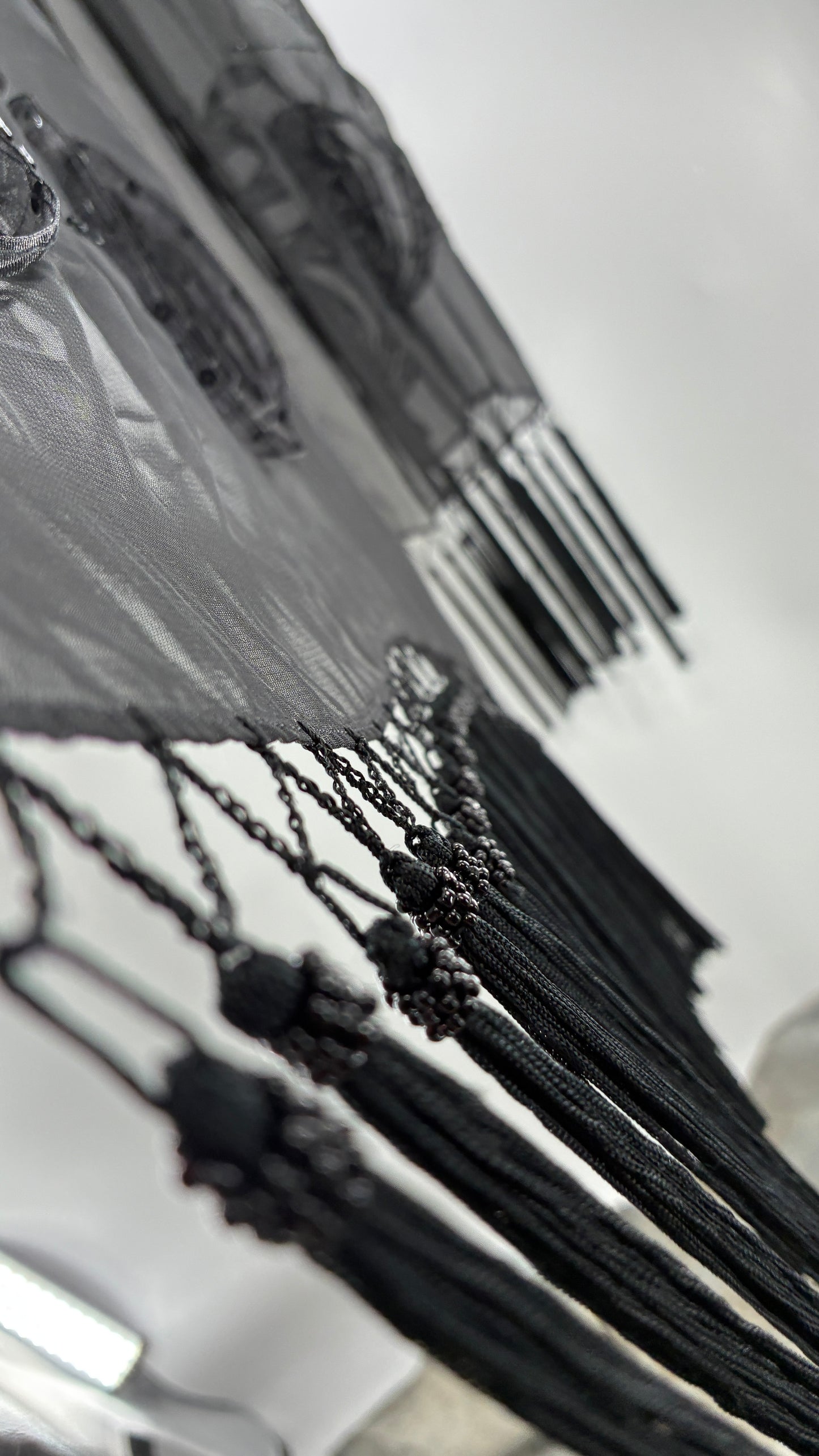 Vintage Black Beaded Scarf with Tassel Fringe and Embroidered Rosettes