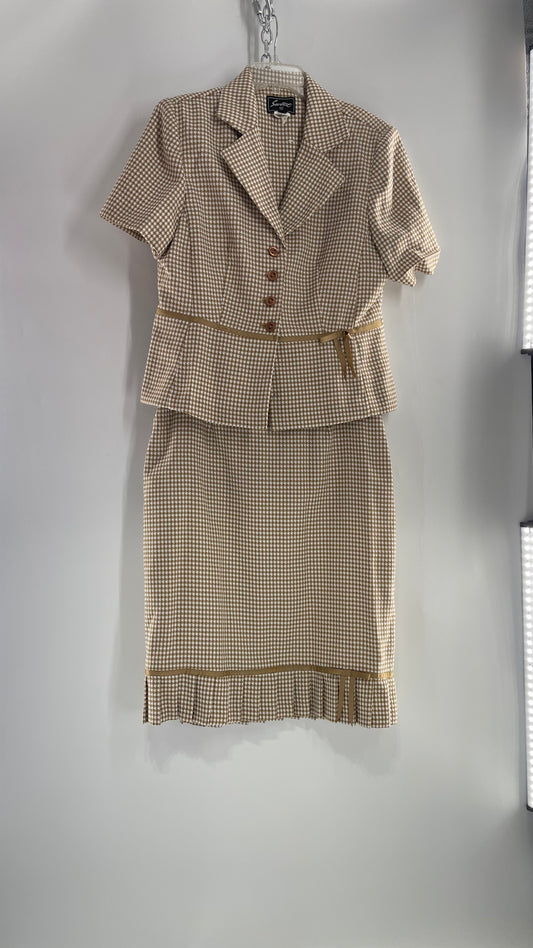 Vintage Tan and White Knit Houndstooth Suit Set with Bows and Skirt (14)