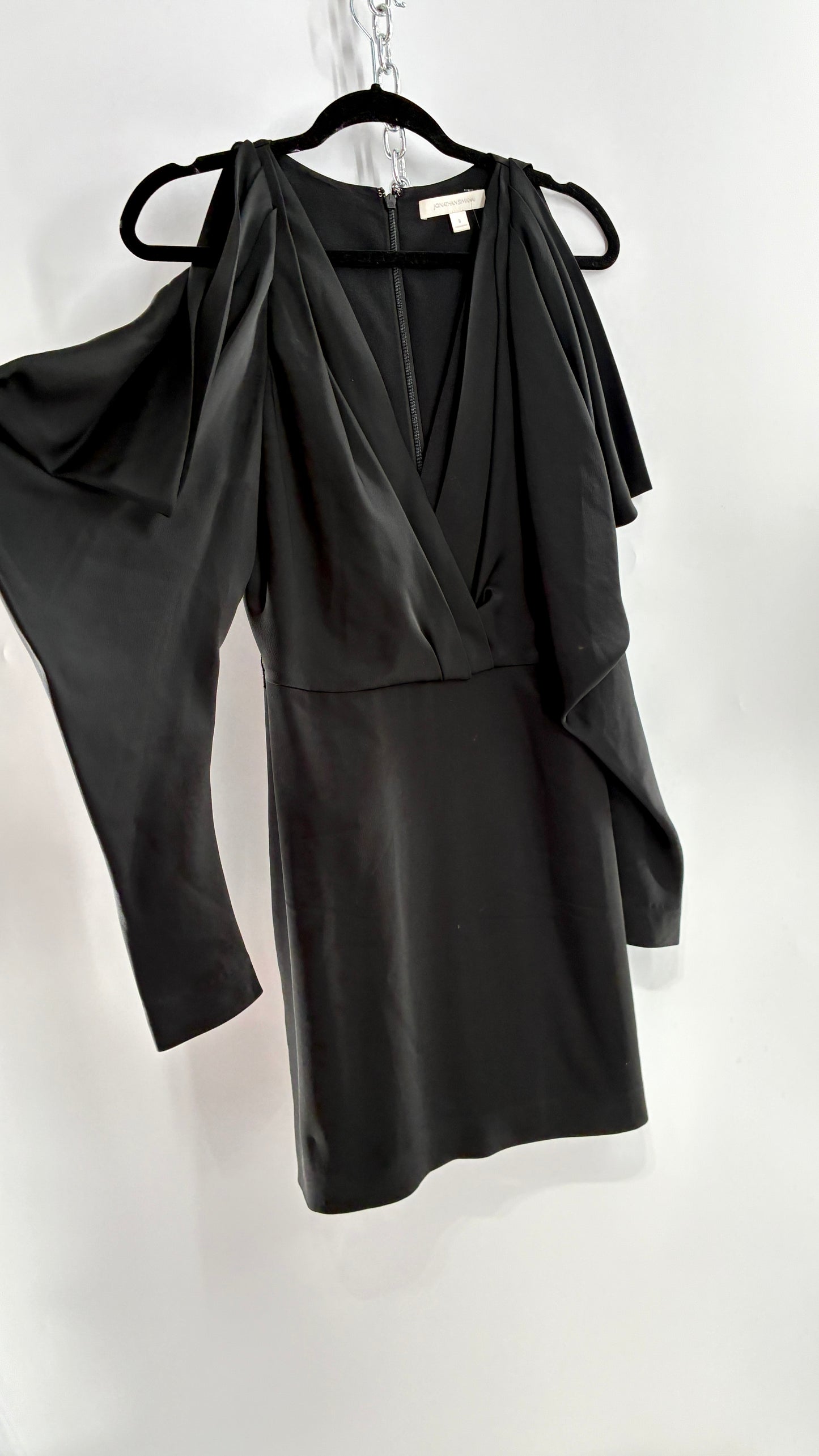 JONATHAN SIMKHAI Black Silky Mini Dress with Exaggerated, Draped Cold Shoulders (8)