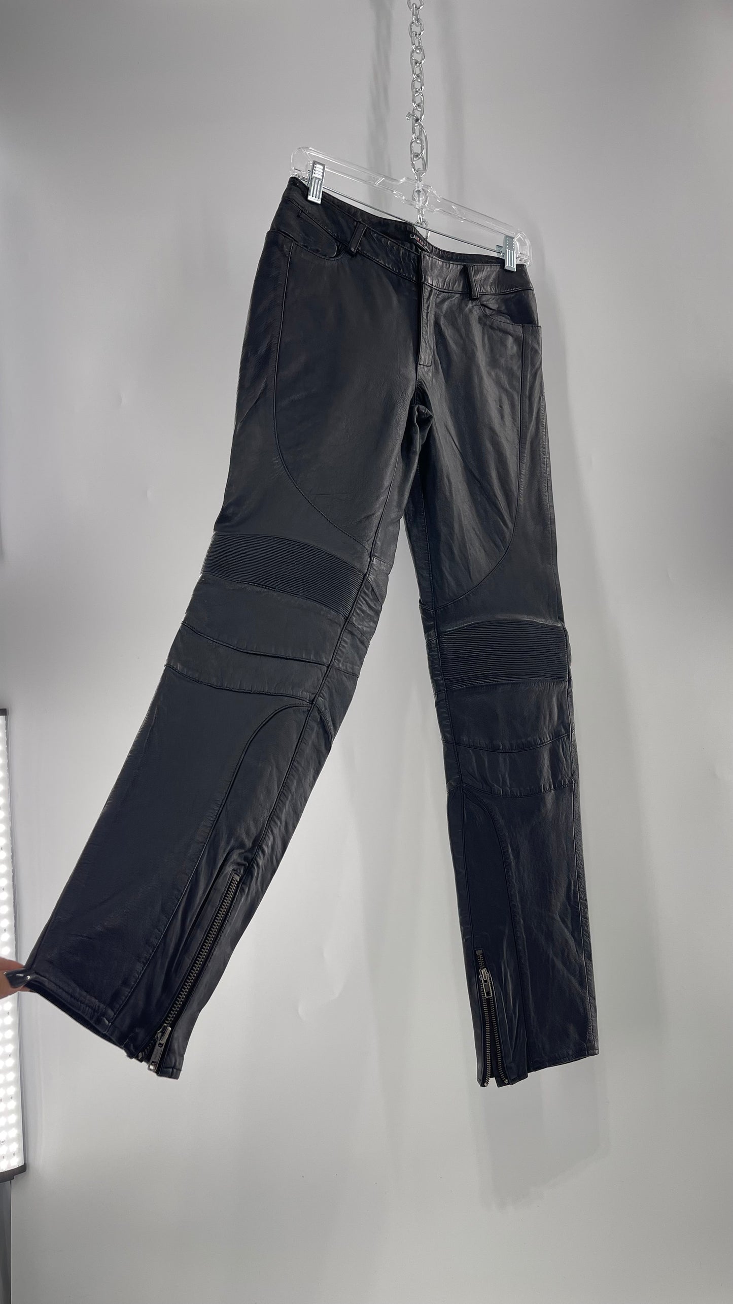 LAMARQUE 1990s Collection Vintage Black Leather Moto Style Pant with Panels, Ribbing and Zipper Details (6)