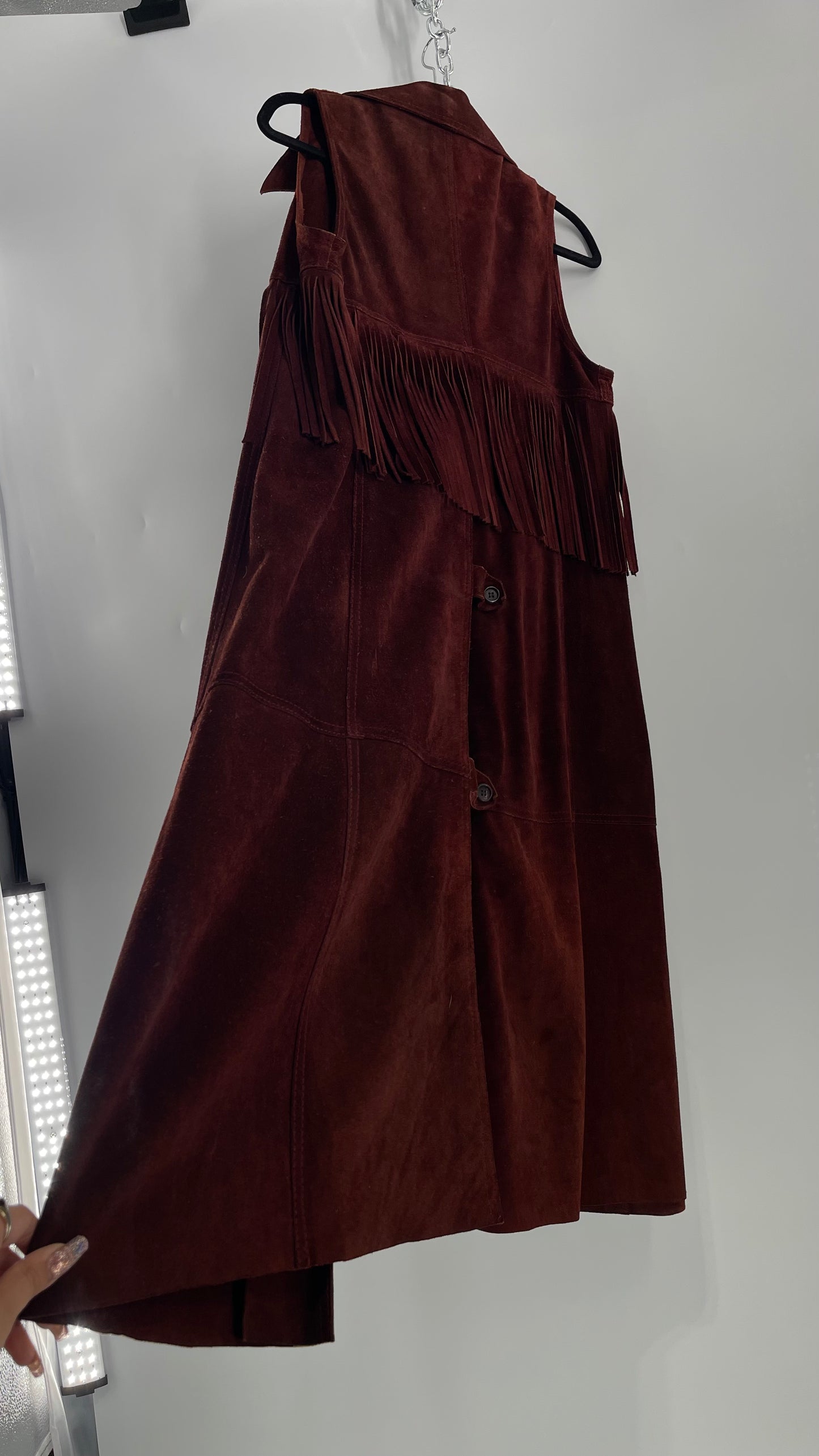 Vintage 1970s Suede Leather Full Length Reddish Brown Vest (S/M)