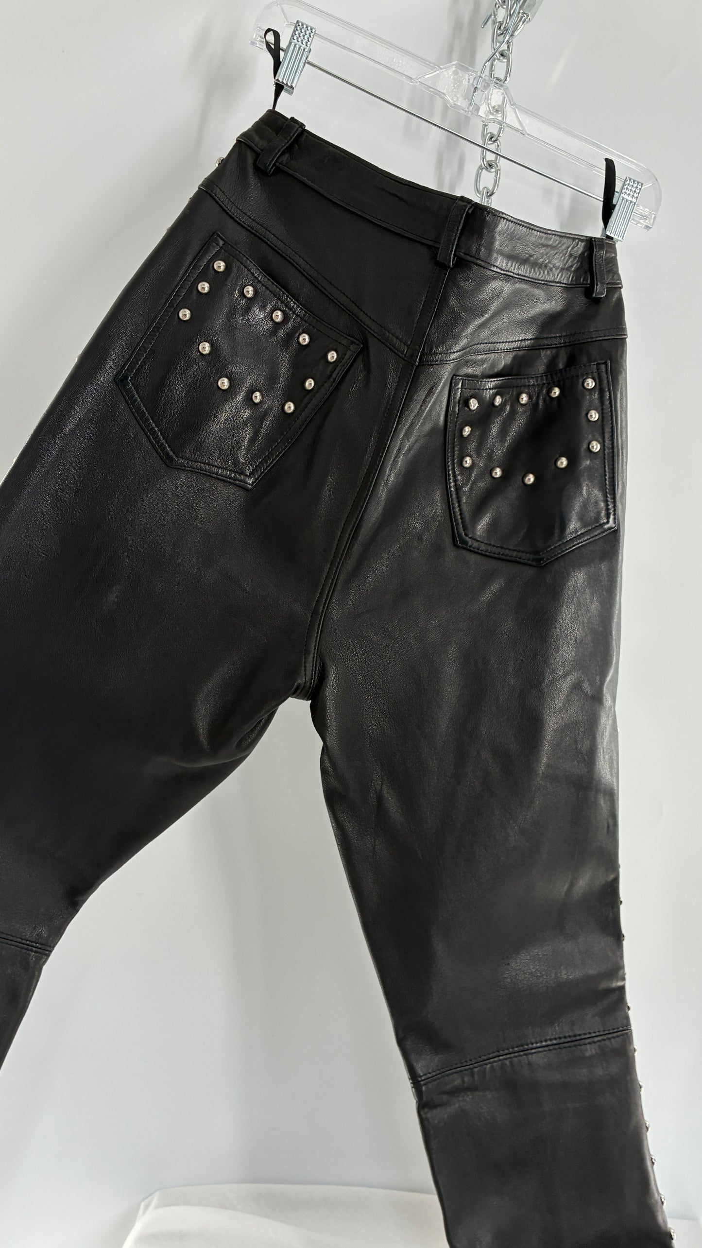 Vintage DKNY Genuine Leather Black Hip to Hem Studded Straight Legs (12)