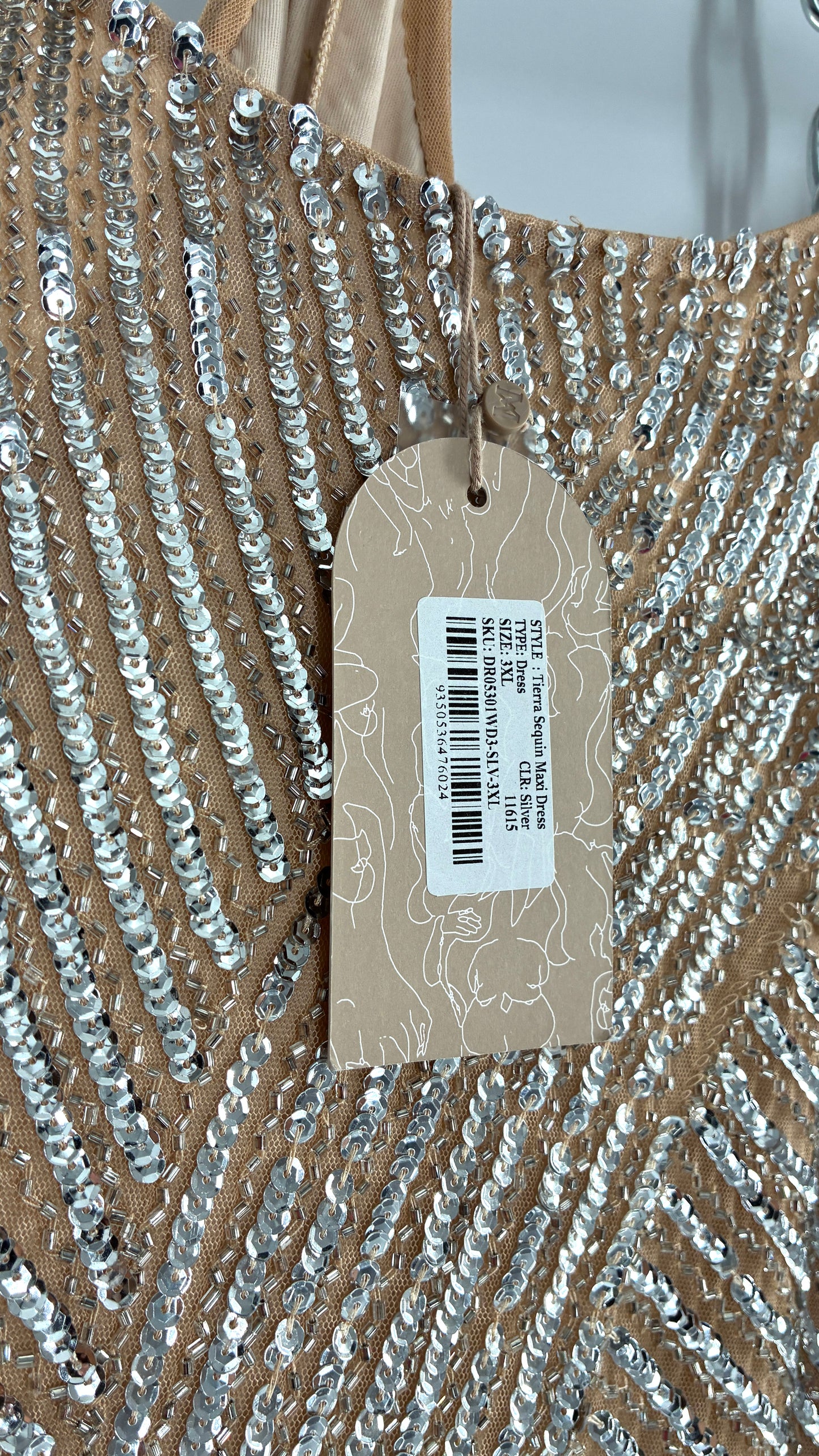 MESHKI Tierra Nude Full Length Dress with Silver Sequins with Tags Attached (XXXL)