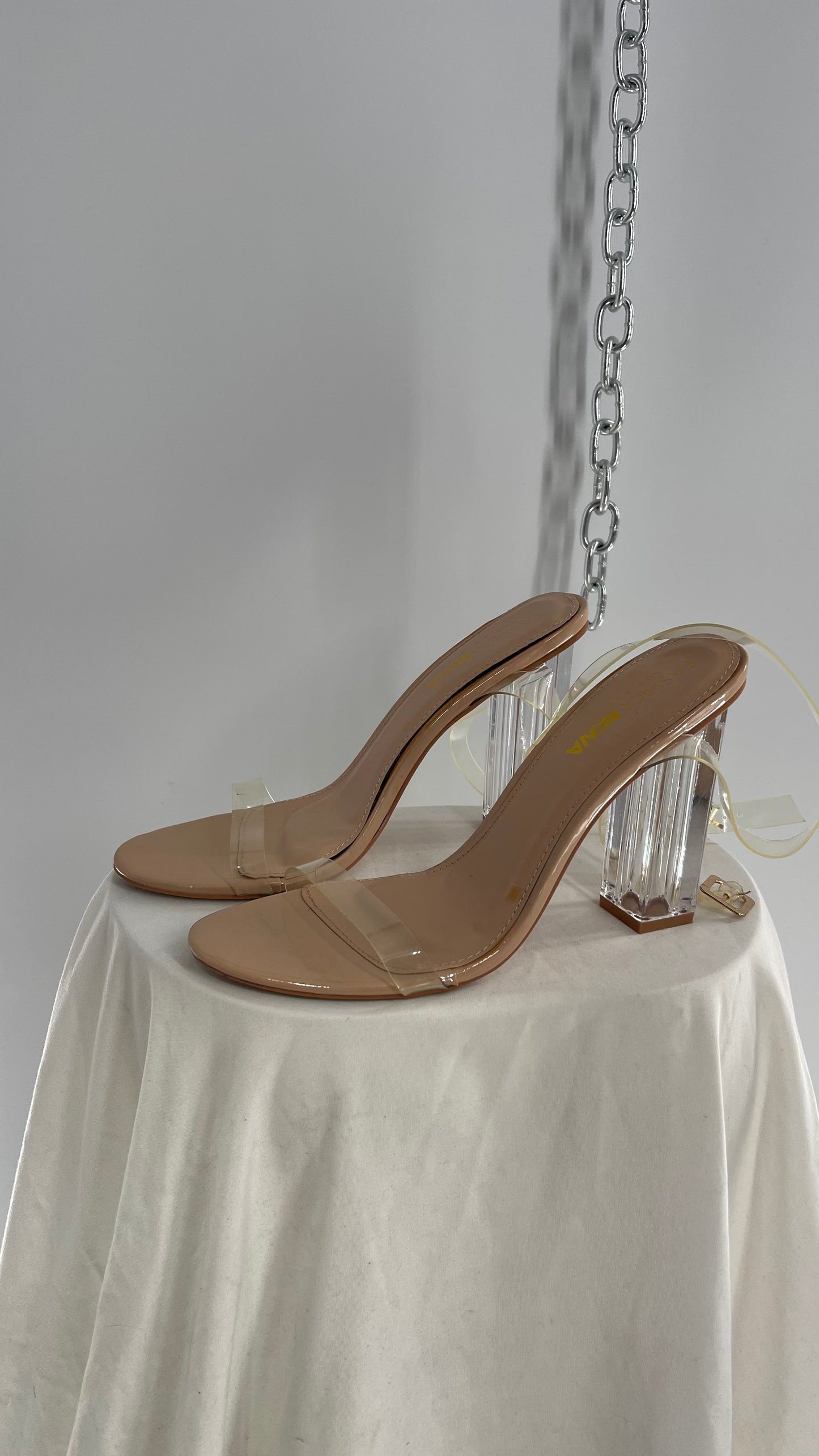 FashionNova Tan Base Lucite Heel Clear Strap Heel (10)